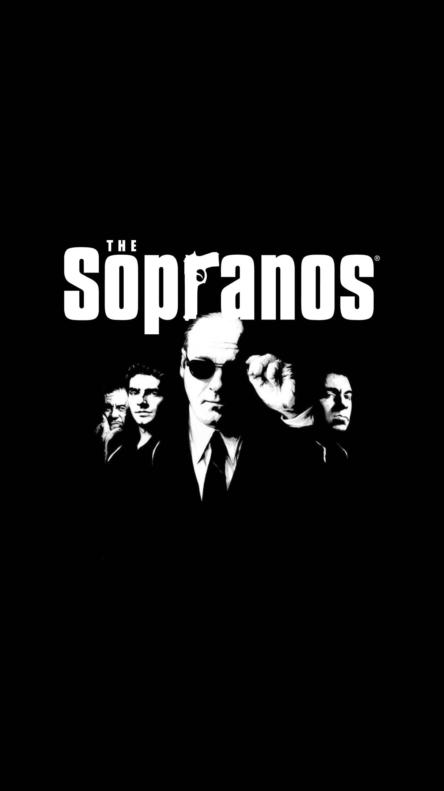 The Sopranos, black and white poster, central figure in sunglasses, 2K Phone Wallpaper