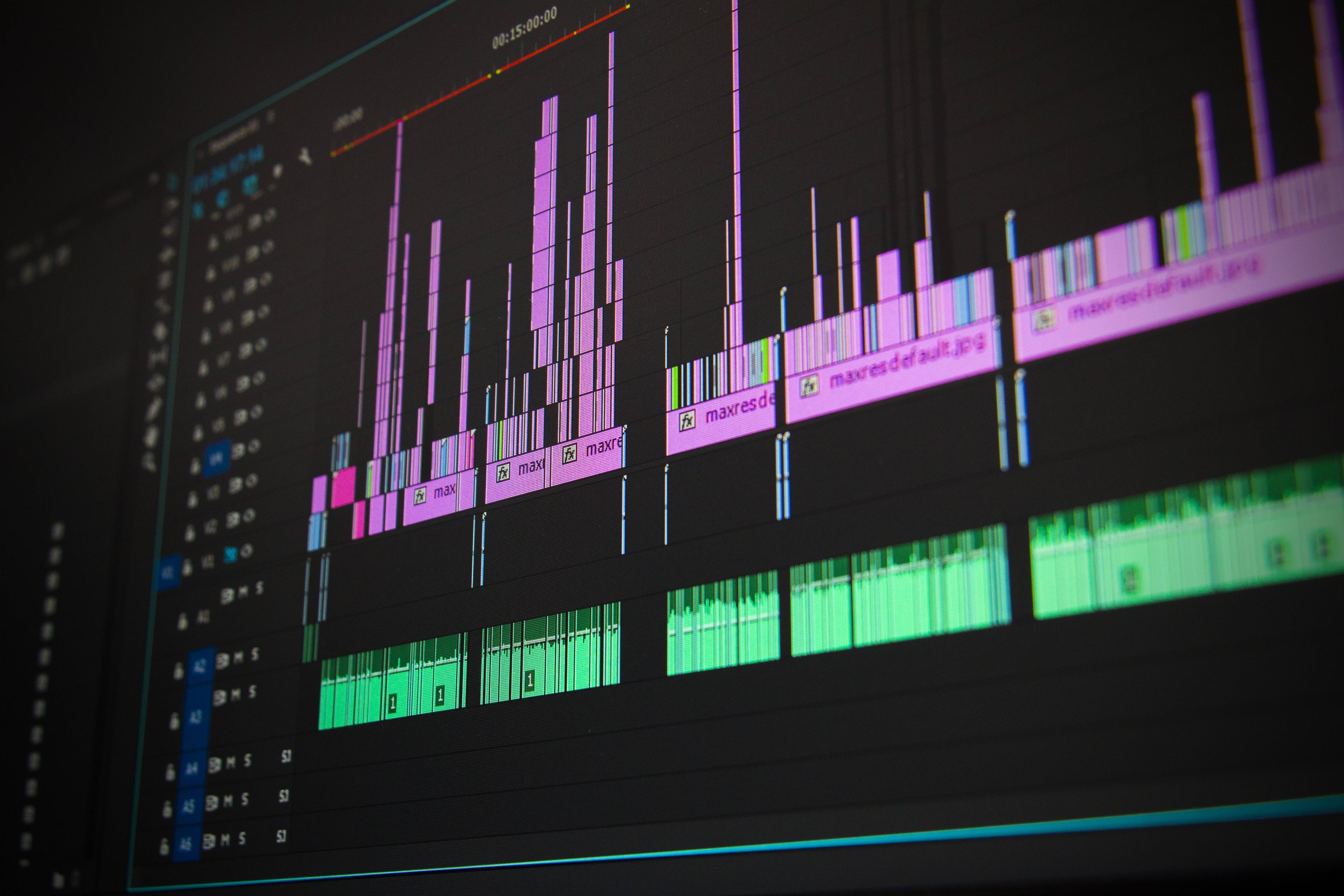 sound waves of music 4k, video editing software timeline, colorful video and audio clips, 5K Desktop Wallpaper