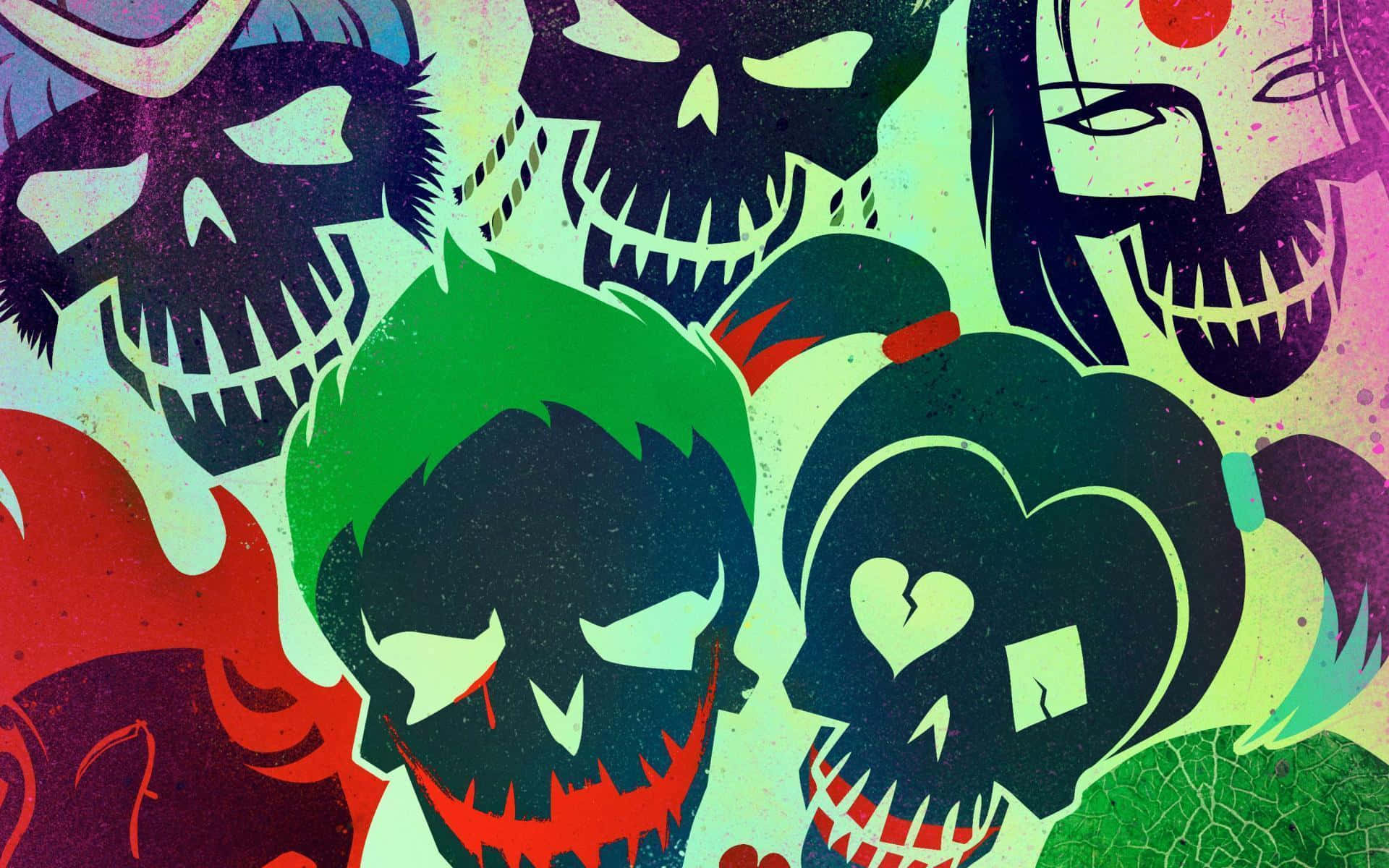The Suicide Squad, vibrant stylized skulls, jagged teeth, Full HD Desktop Wallpaper