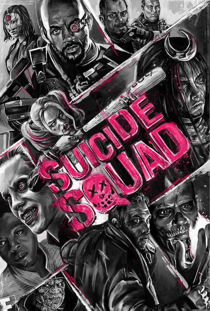 The Suicide Squad, black and white, bold pink title text, SD Phone Wallpaper