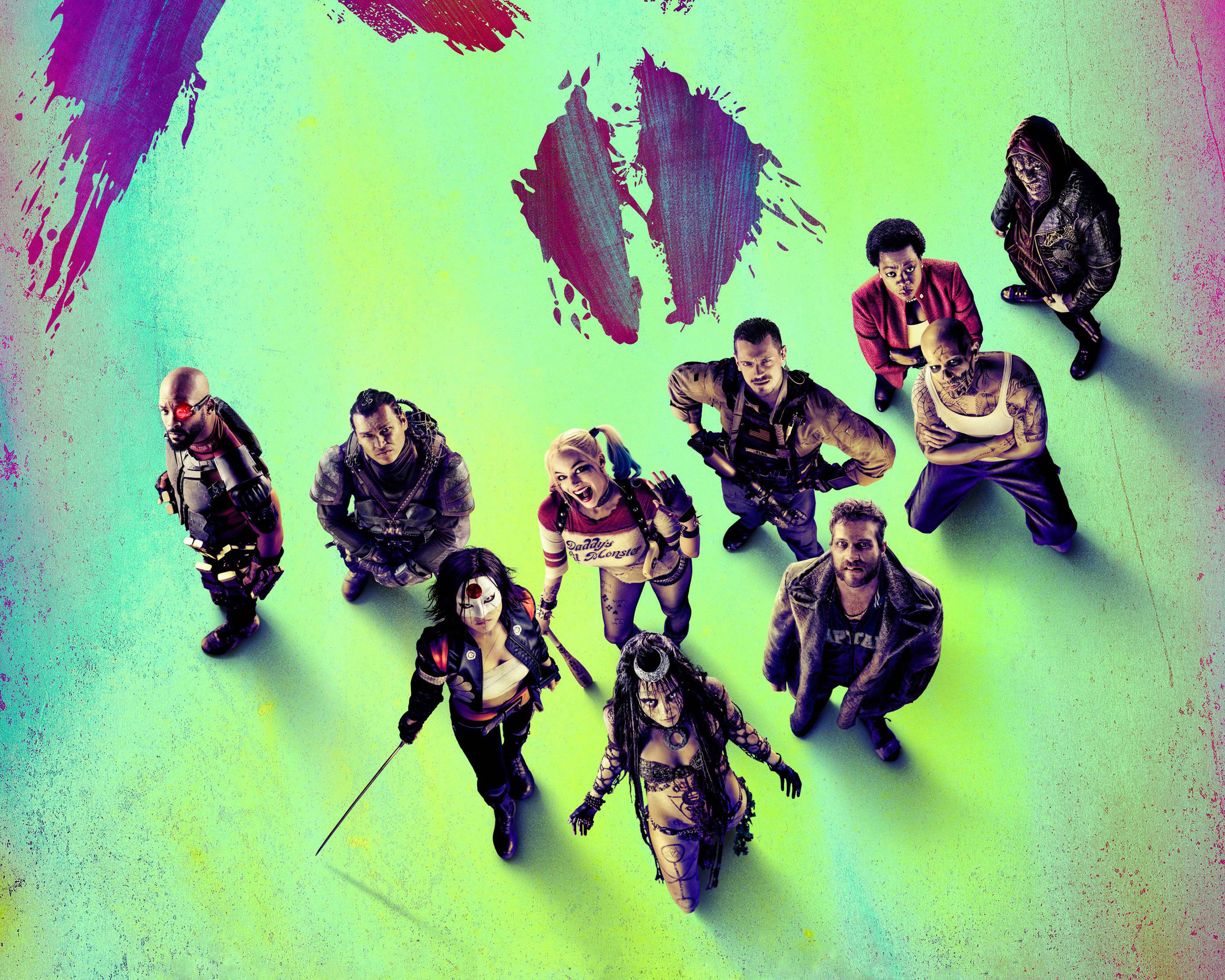 The Suicide Squad, overhead shot, eight stylized characters, 2K Desktop Wallpaper