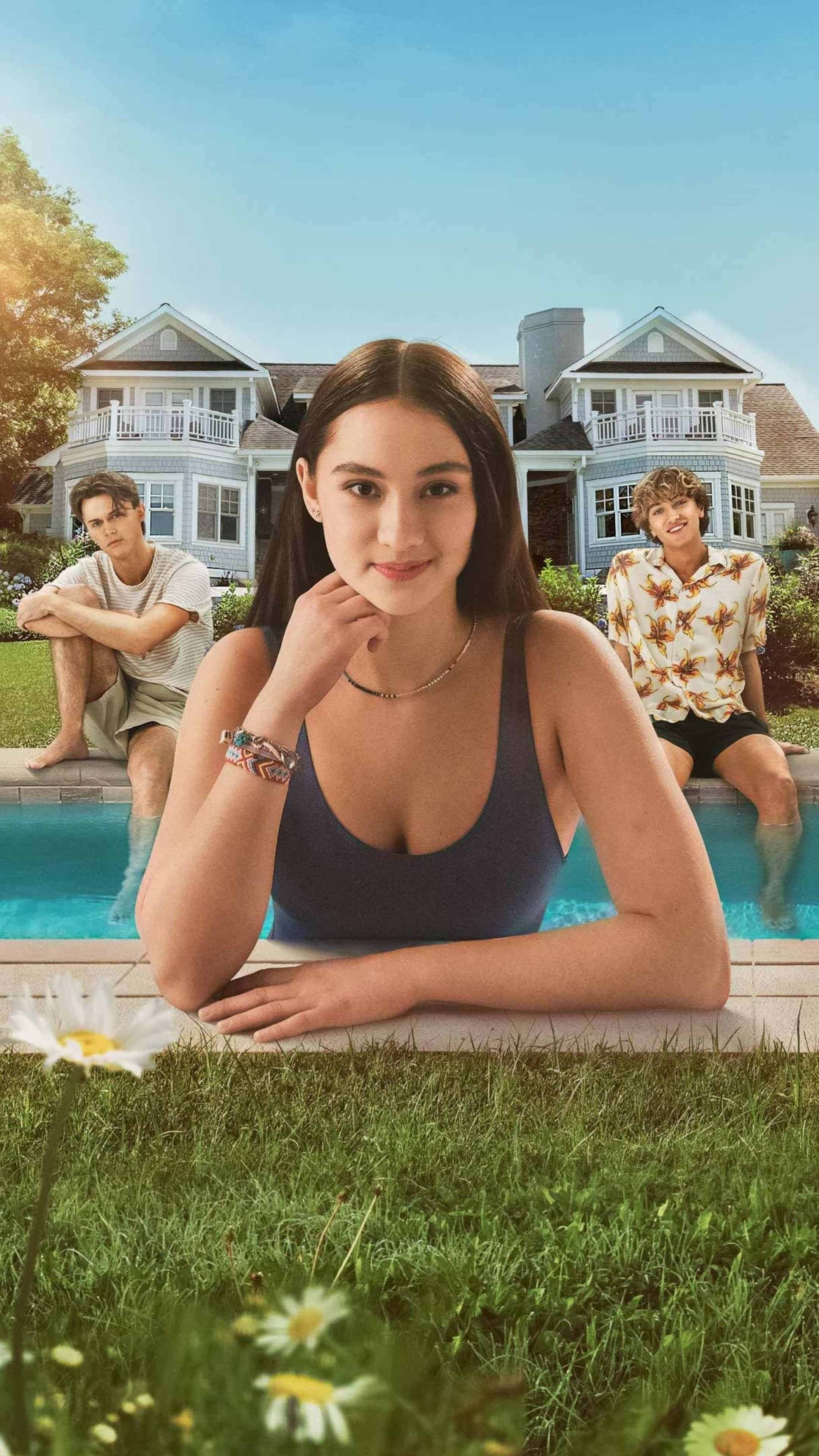Summer I Turned Pretty, poolside trio, bright blue sky, 4K Phone Wallpaper