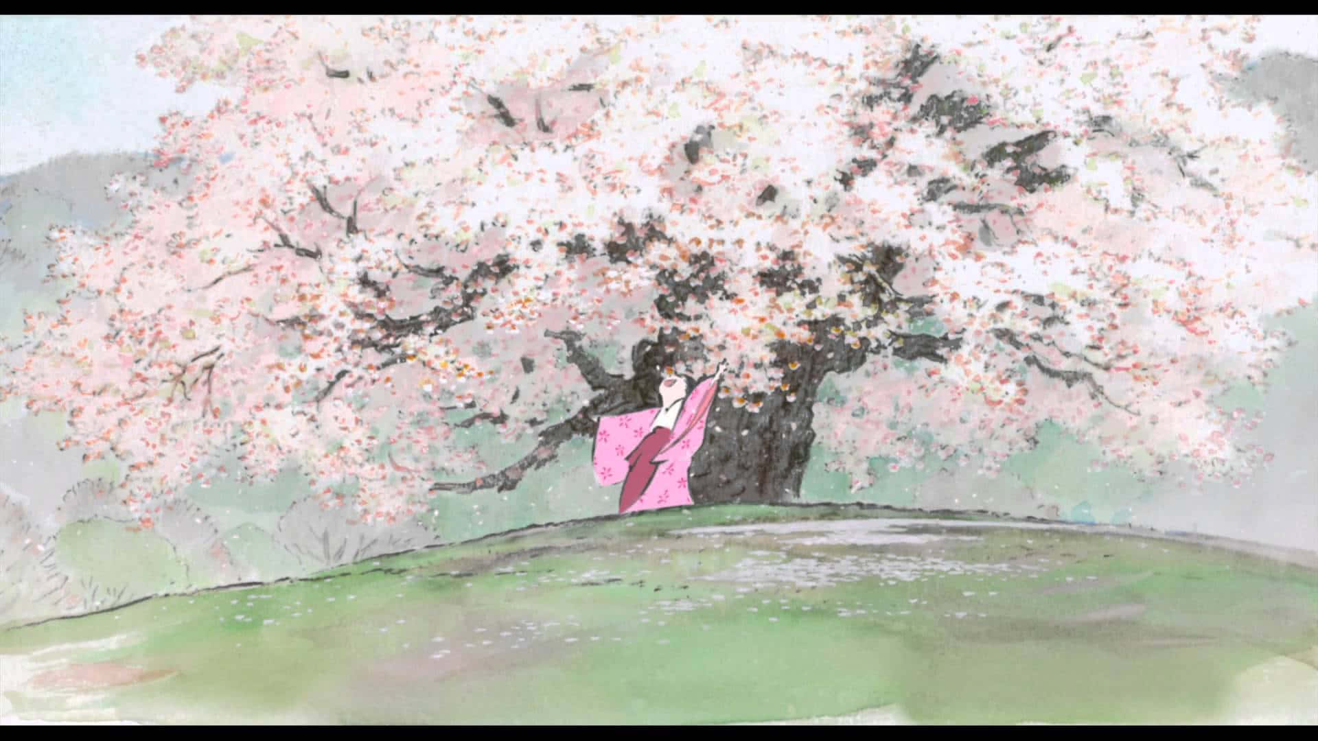 The Tale Of The Princess Kaguya, pink kimono, blossoming cherry tree, Full HD Desktop Wallpaper
