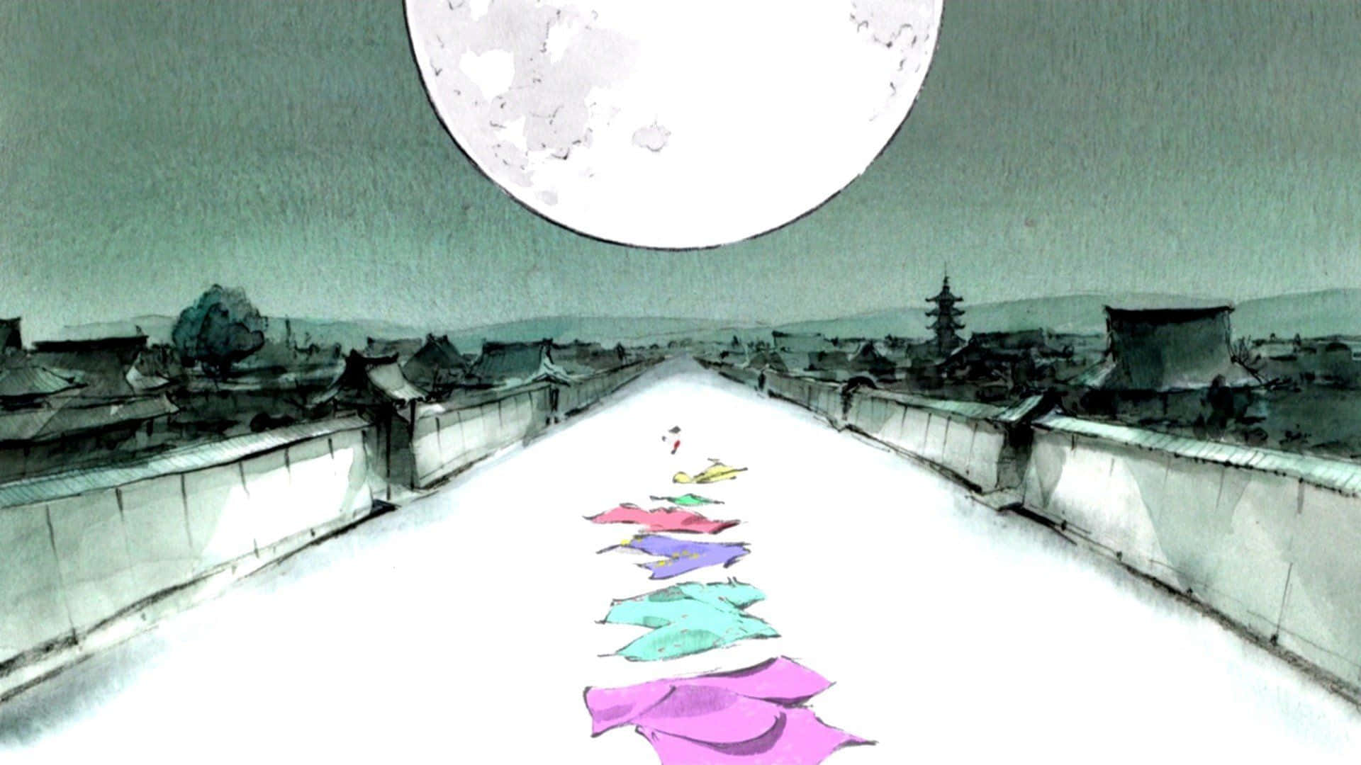 The Tale Of The Princess Kaguya, snowy bridge, giant moon, Full HD Desktop Wallpaper