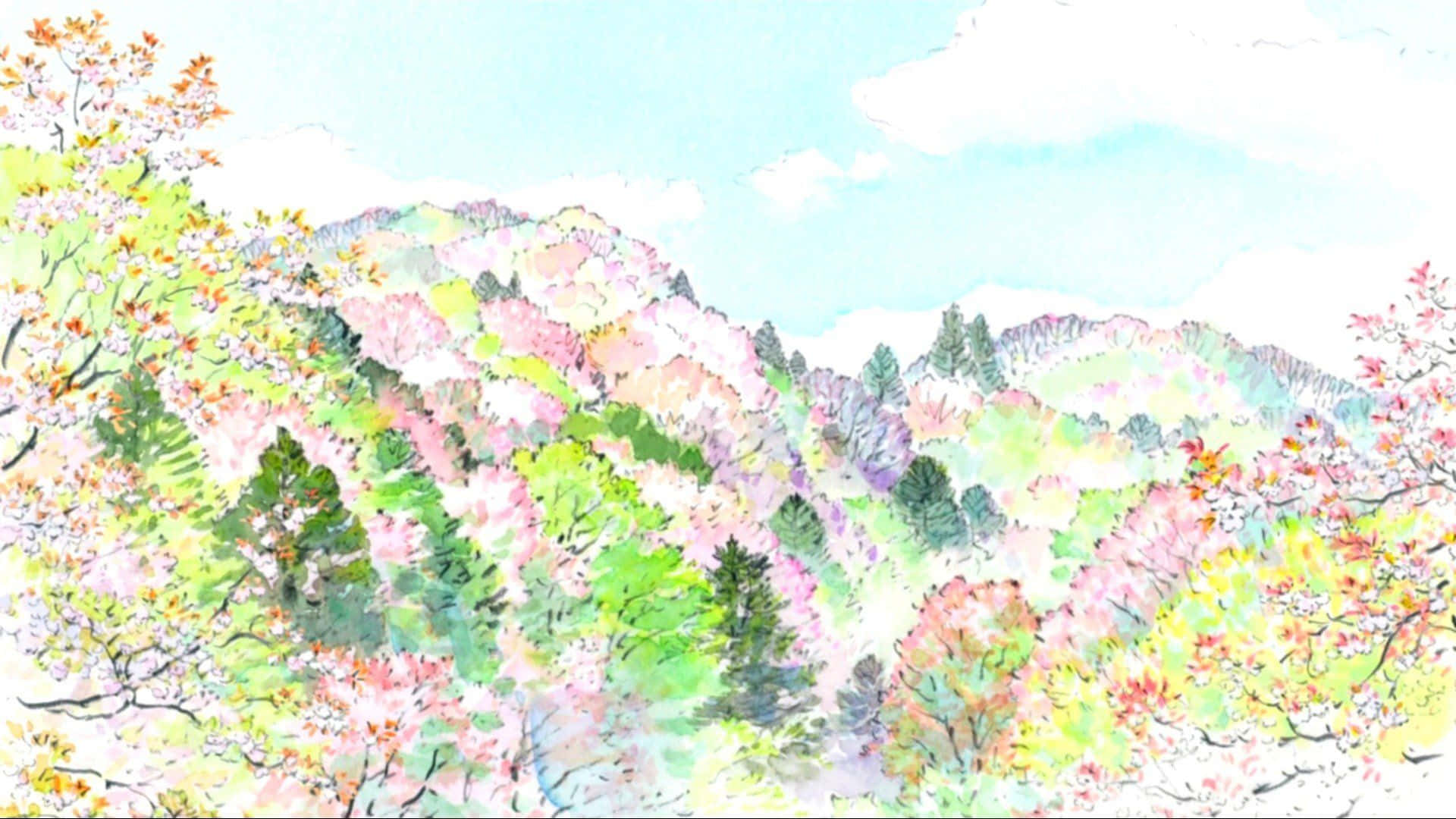 The Tale Of The Princess Kaguya, watercolor illustration, rolling hills, Full HD Desktop Wallpaper
