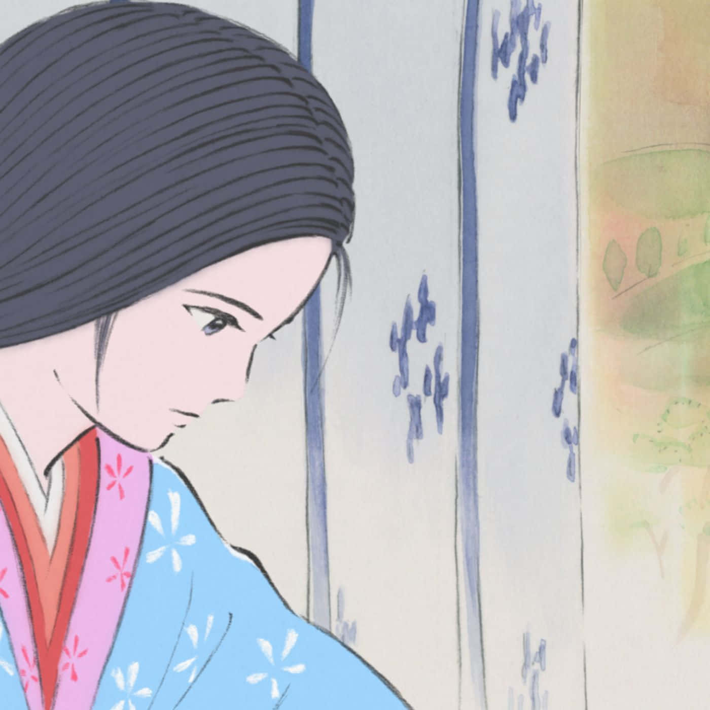 Princess Kaguya, blue floral kimono, blossoming flowers, HD Desktop Wallpaper