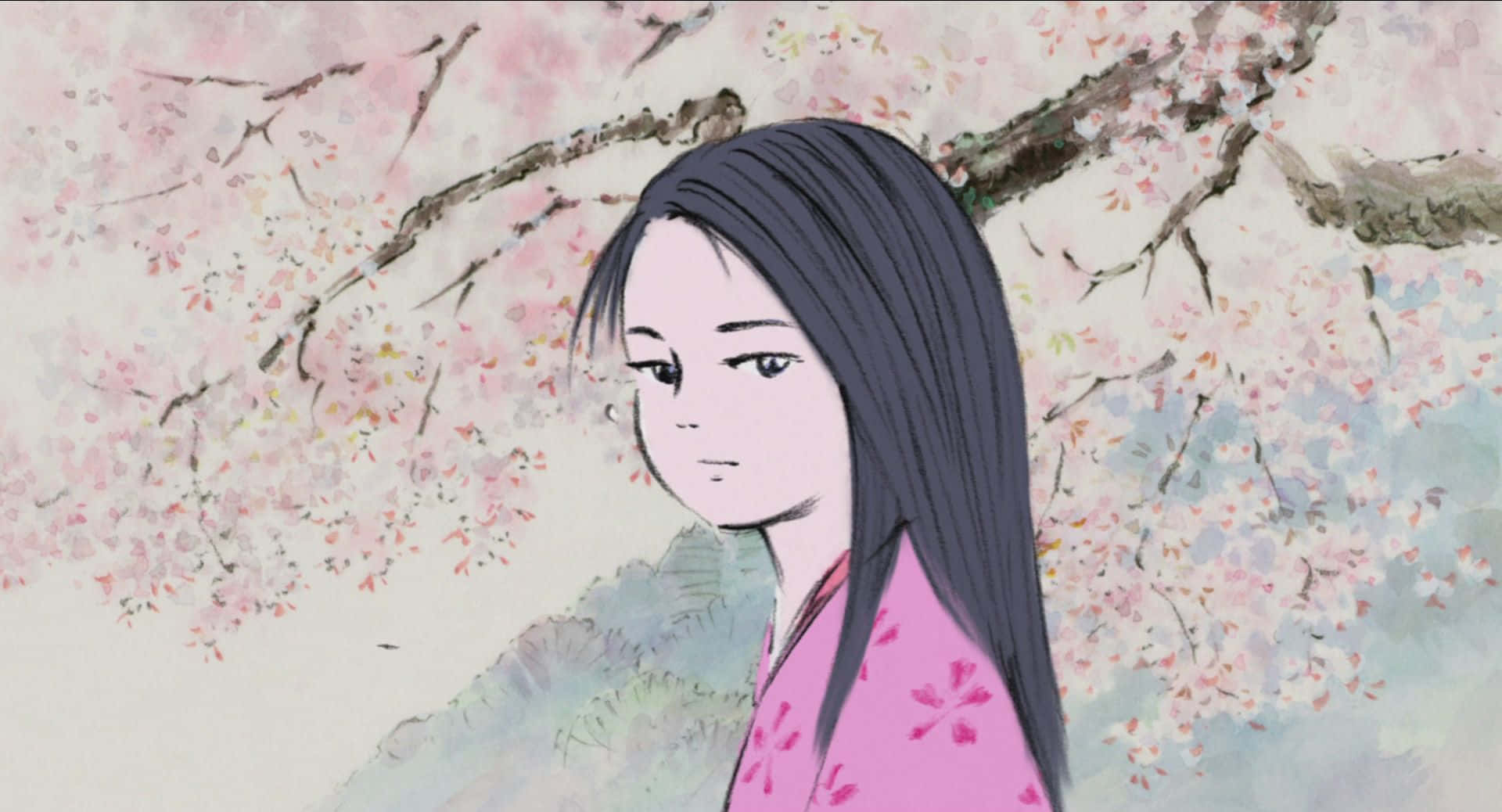Princess Kaguya, pink kimono, blossoming cherry tree, Full HD Desktop Wallpaper