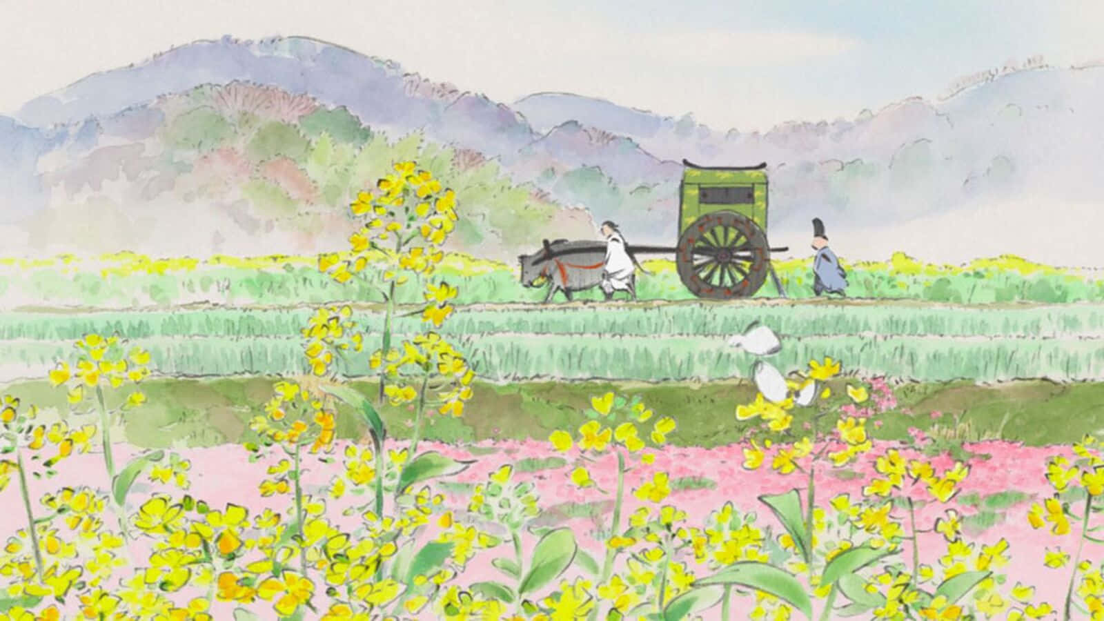 The Tale Of The Princess Kaguya, green cart, vibrant field of yellow and pink flowers, HD Desktop Wallpaper