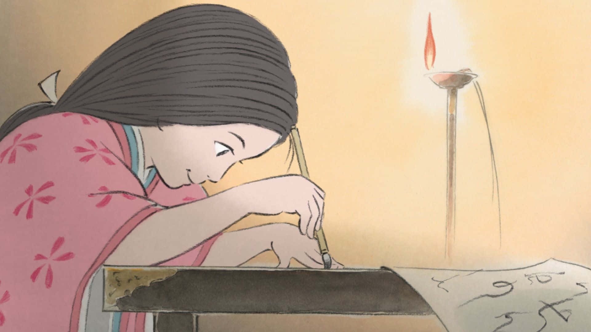 The Tale of the Princess Kaguya, pink floral kimono, candle, Full HD Desktop Wallpaper