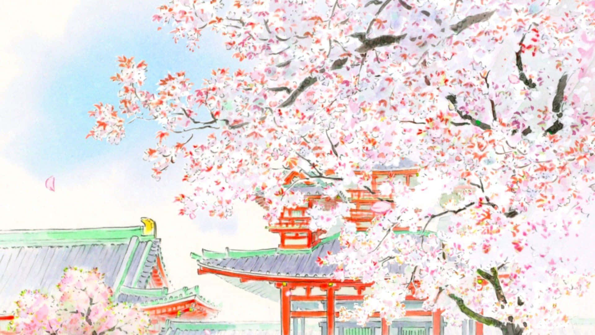The Tale Of The Princess Kaguya, pink cherry blossoms, traditional red and green Japanese shrine buildings, Full HD Desktop Wallpaper