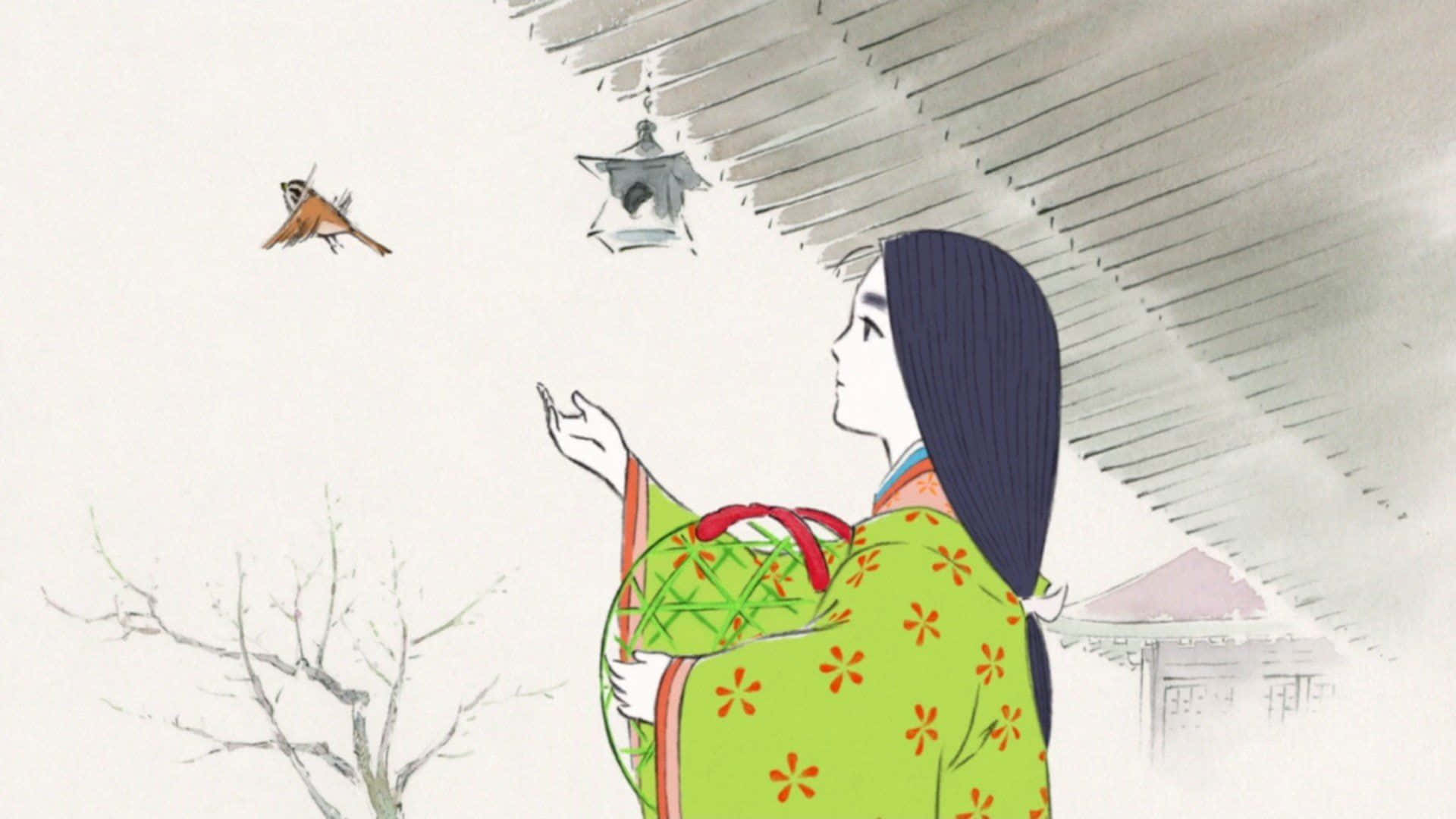 The Tale Of The Princess Kaguya, green floral kimono, flying bird, Full HD Desktop Wallpaper