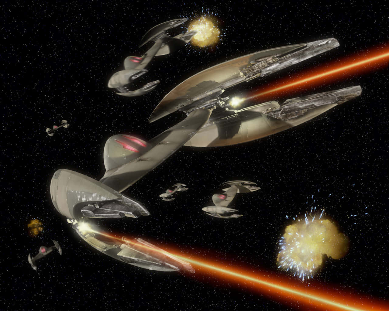 The Trade Federation, futuristic starships, laser fire, HD Desktop Wallpaper