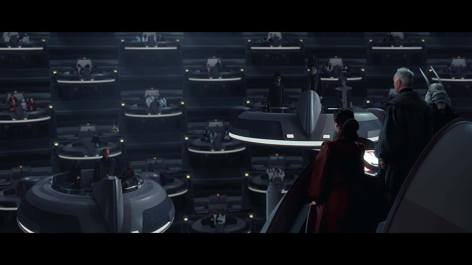 The Trade Federation, futuristic council chamber, glowing circular pods, Full HD Desktop Wallpaper