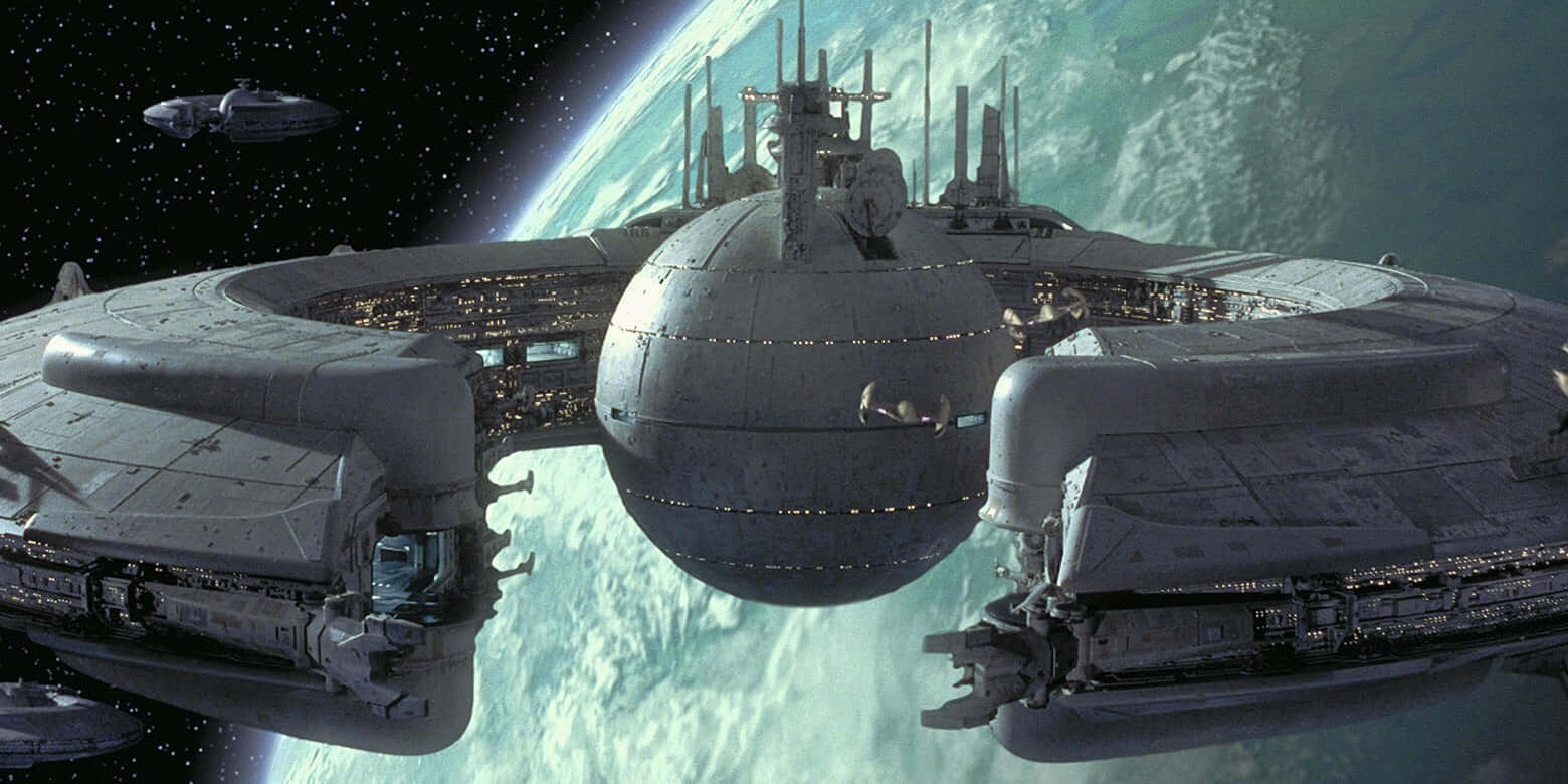 The Trade Federation, massive spaceship, lush green planet, HD Desktop Wallpaper