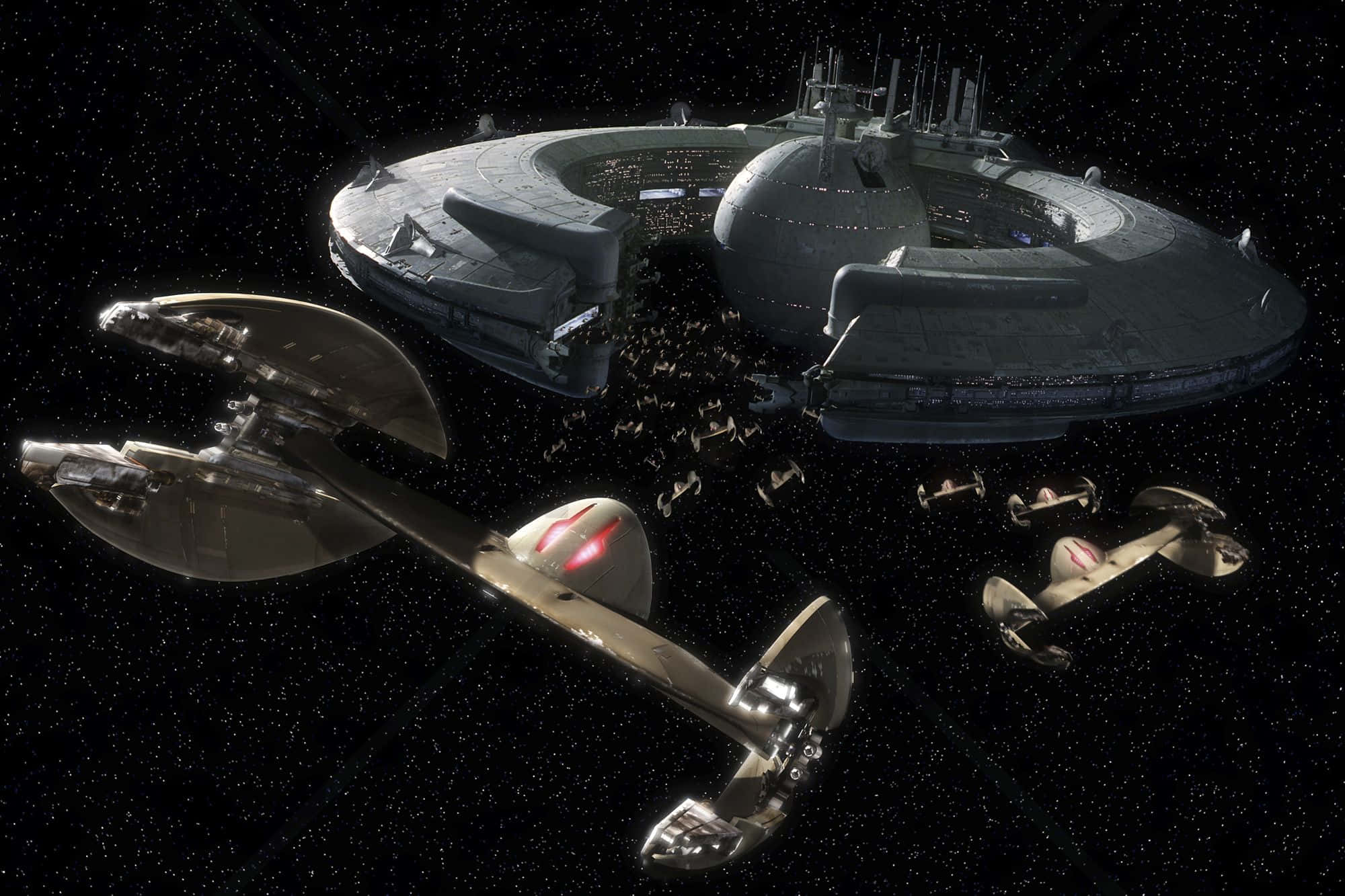 The Trade Federation, starship, glowing red engines, Full HD Desktop Wallpaper