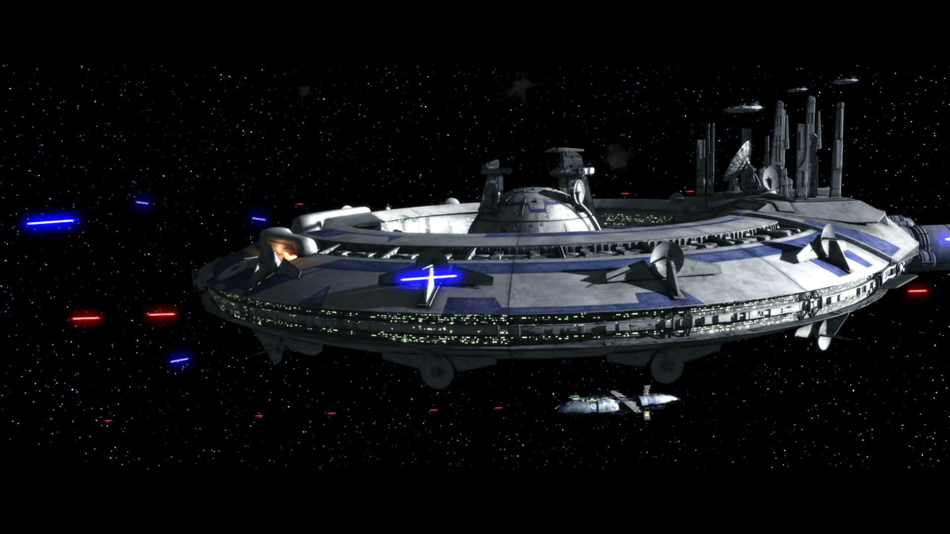 The Trade Federation, futuristic spaceship, glowing blue lights, Full HD Desktop Wallpaper