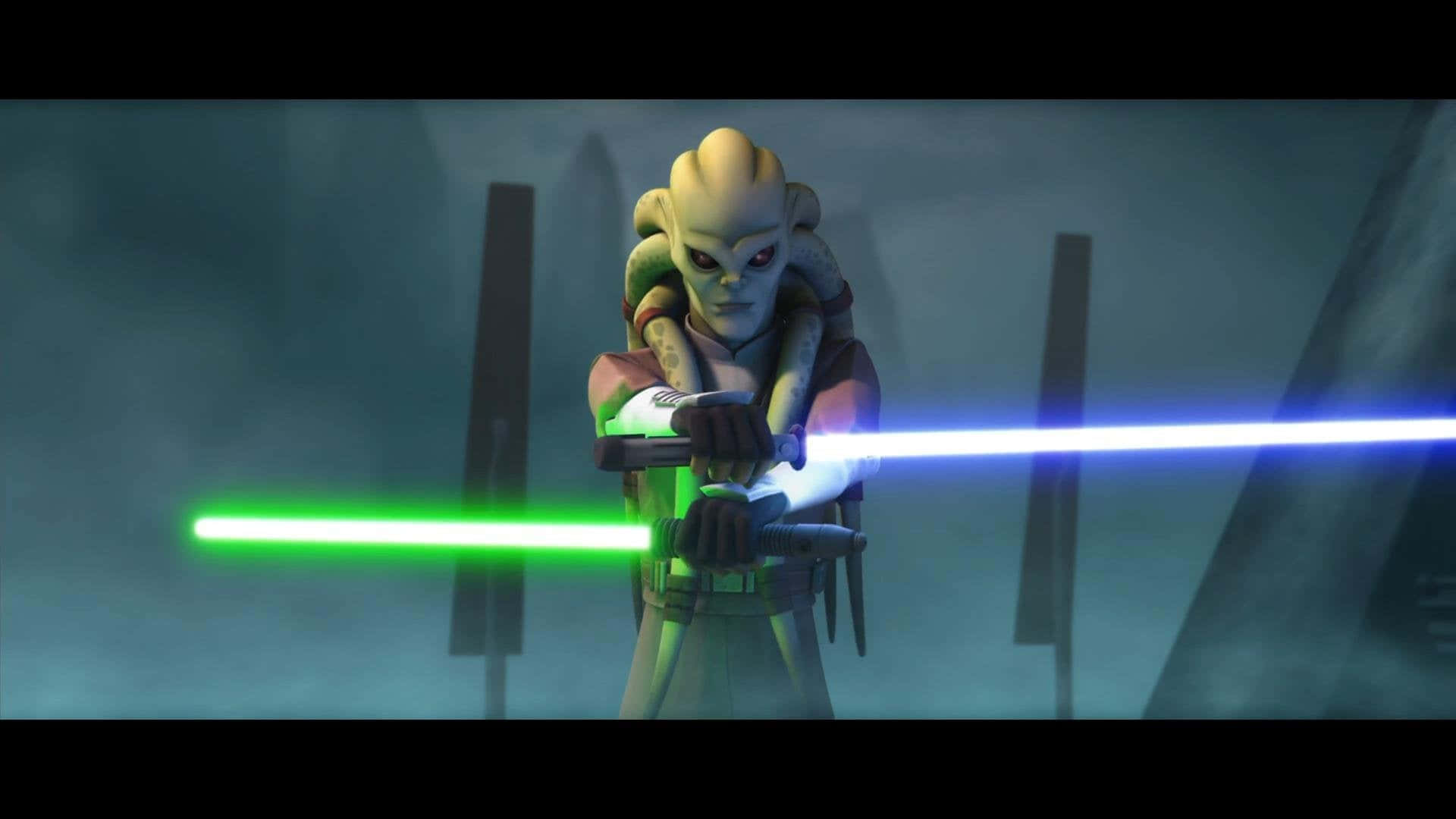 The Trade Federation, female alien warrior, green and blue lightsaber, Full HD Desktop Wallpaper