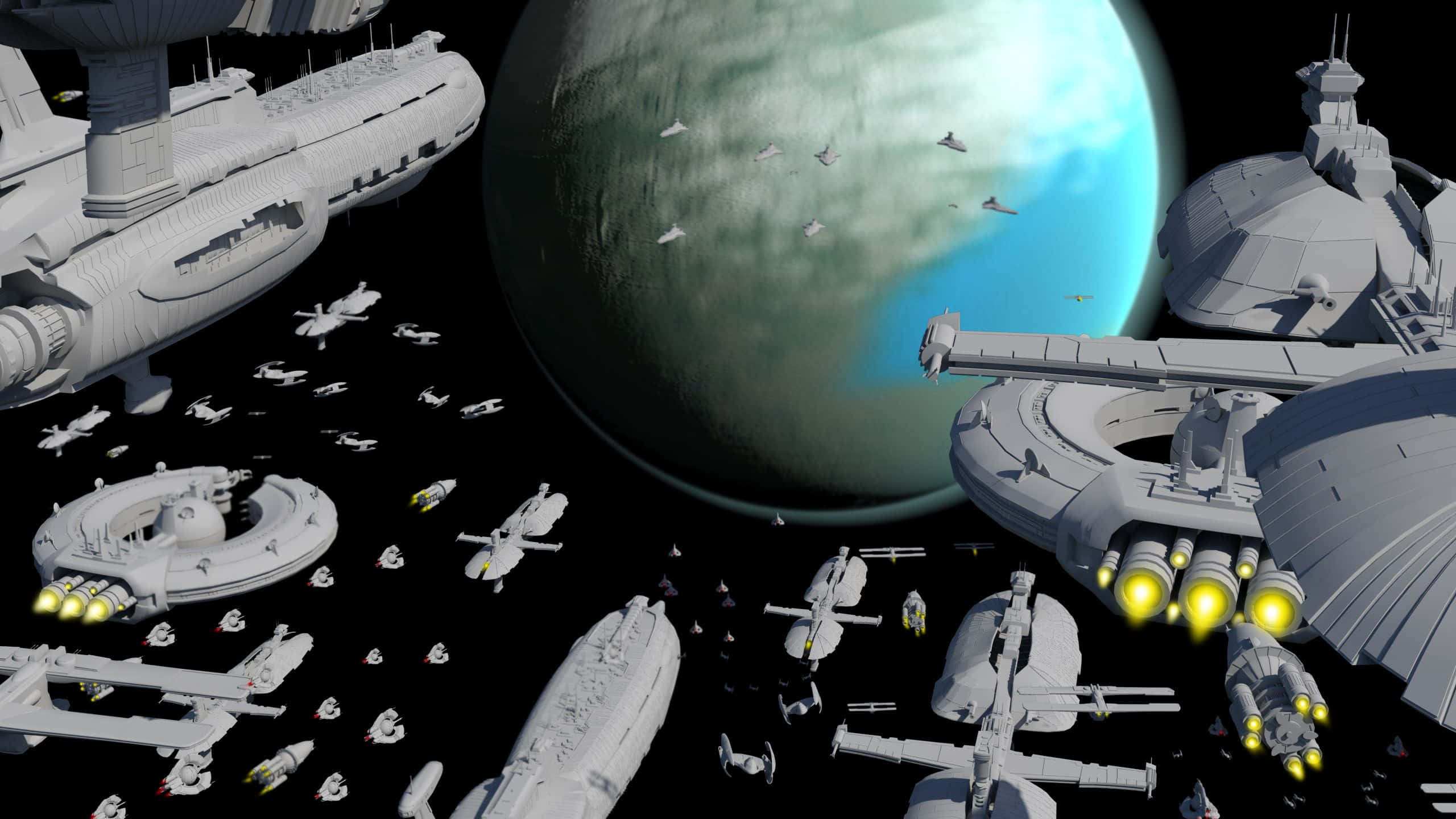 The Trade Federation, futuristic spaceships, blue and green planet, 2K Desktop Wallpaper