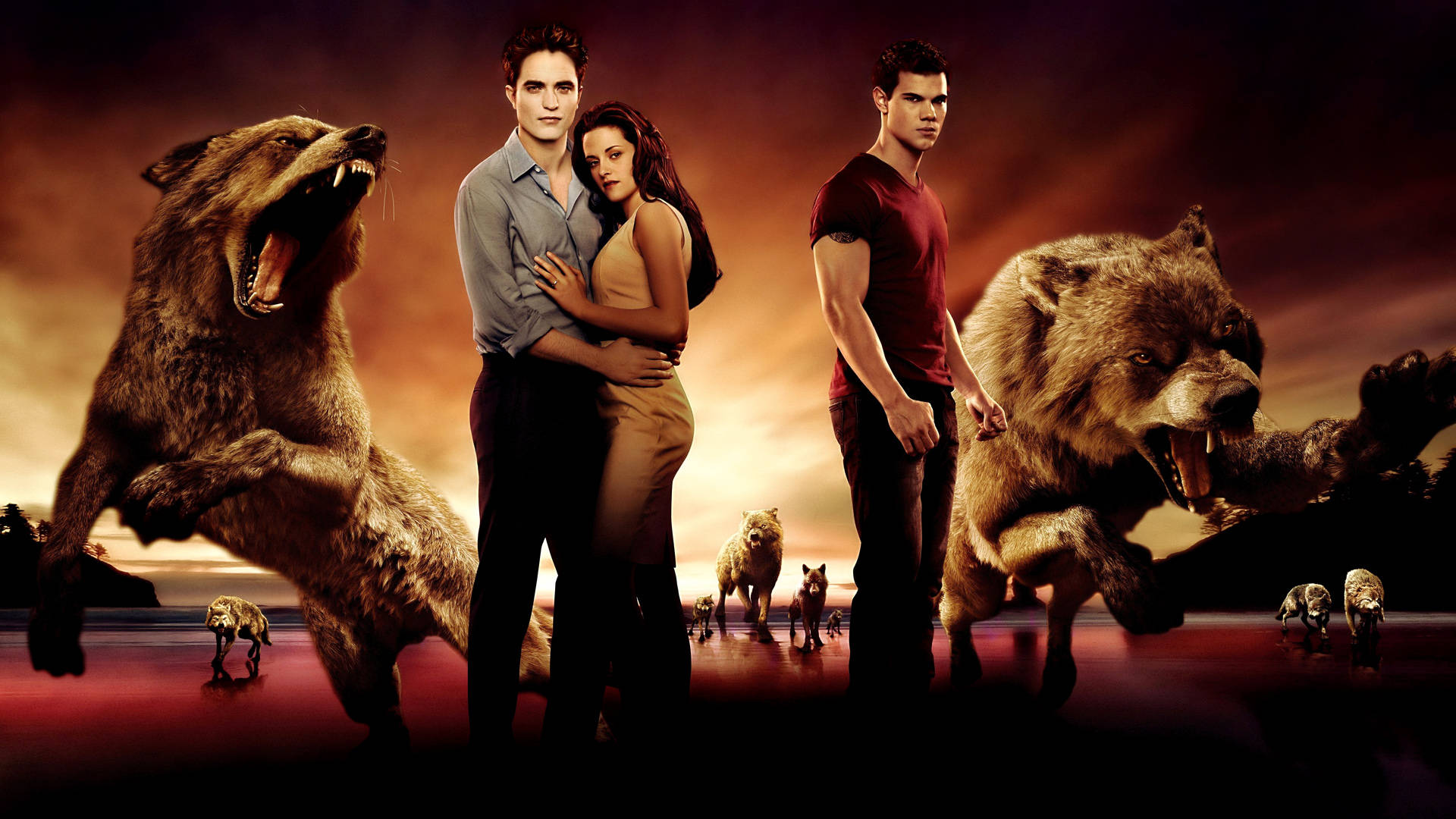 The Twilight Saga, werewolves, fiery sunset sky, Full HD Desktop Wallpaper