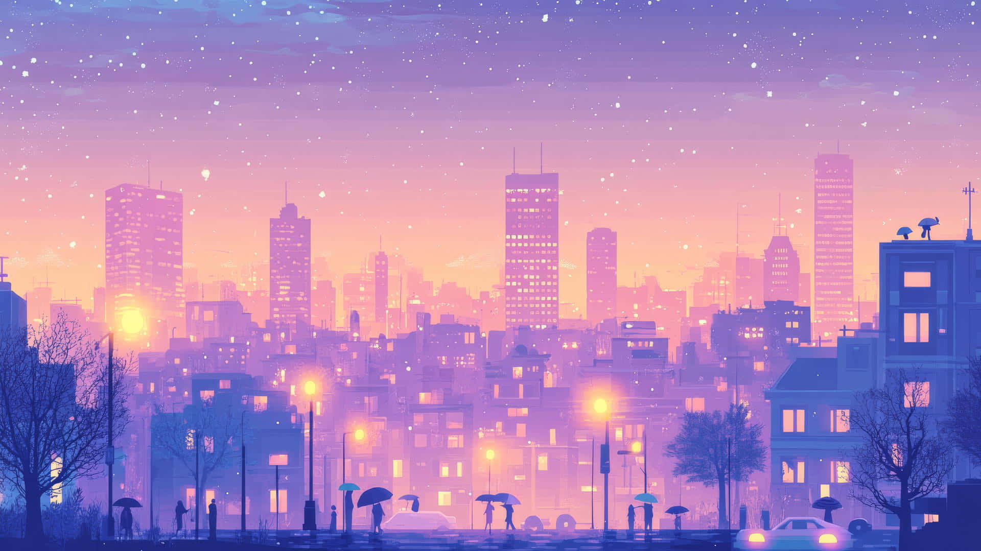 Twilight Cityscape, dusk, glowing streetlights, Full HD Desktop Wallpaper