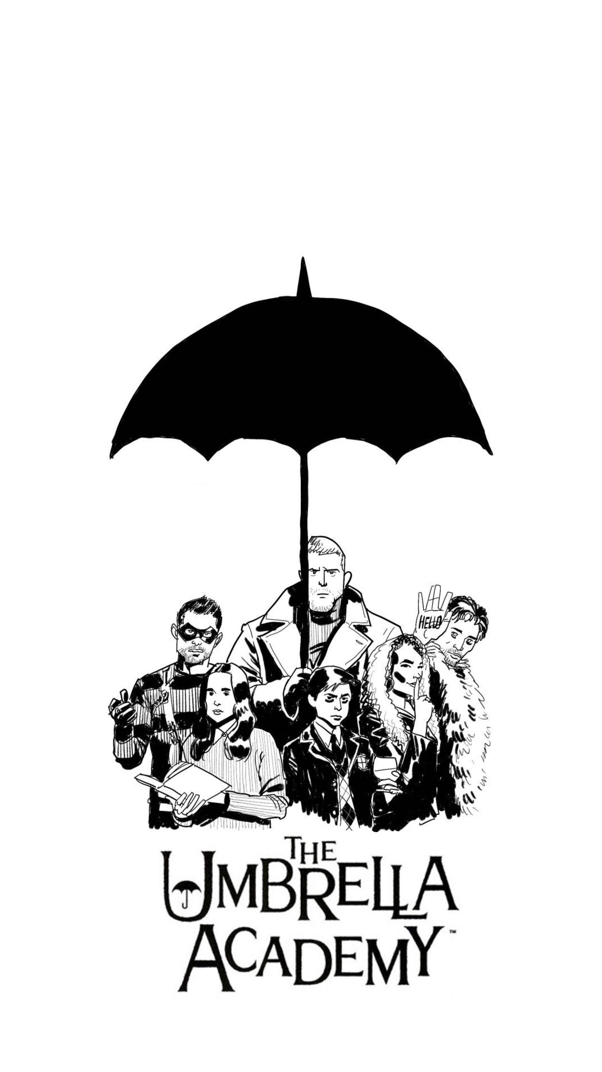 The Umbrella Academy, black and white illustration, seven characters, 2K Phone Wallpaper