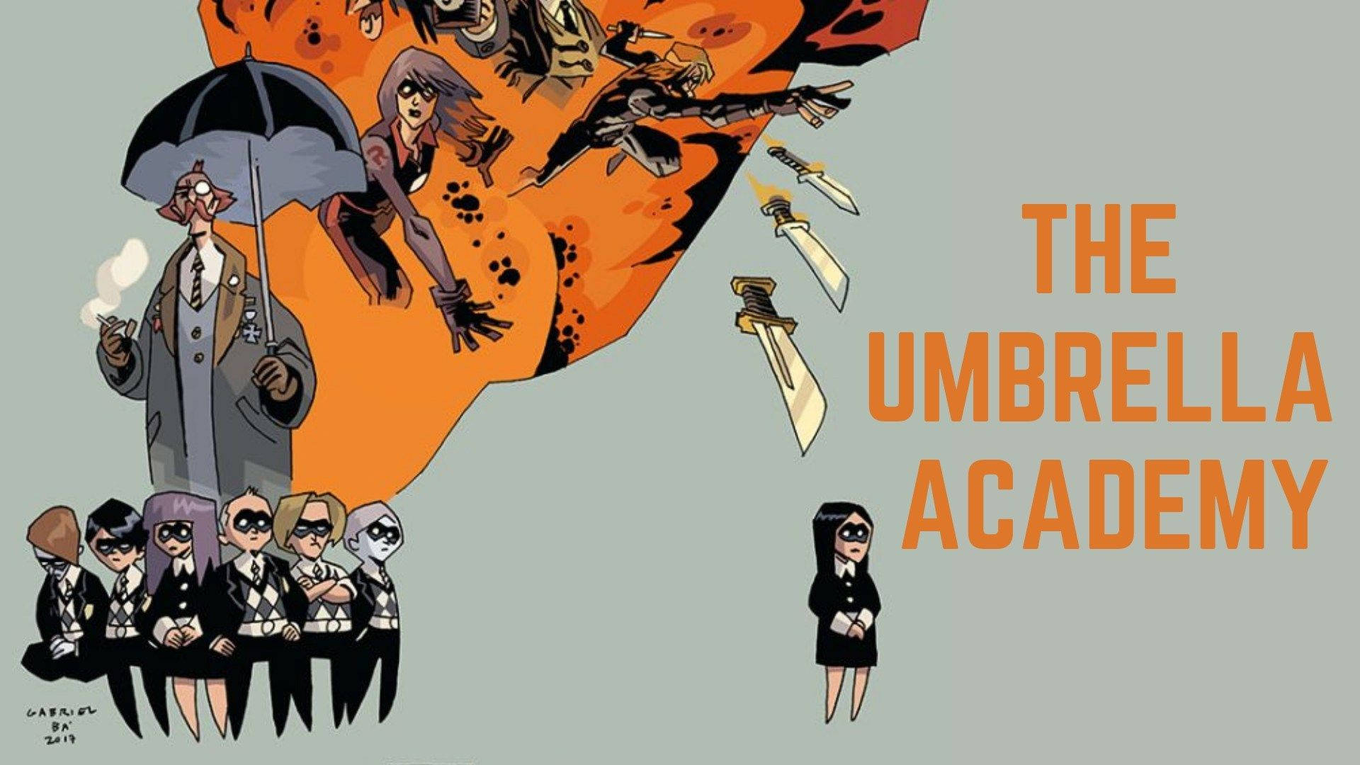 The Umbrella Academy, orange backdrop, man holding an umbrella, Full HD Desktop Wallpaper