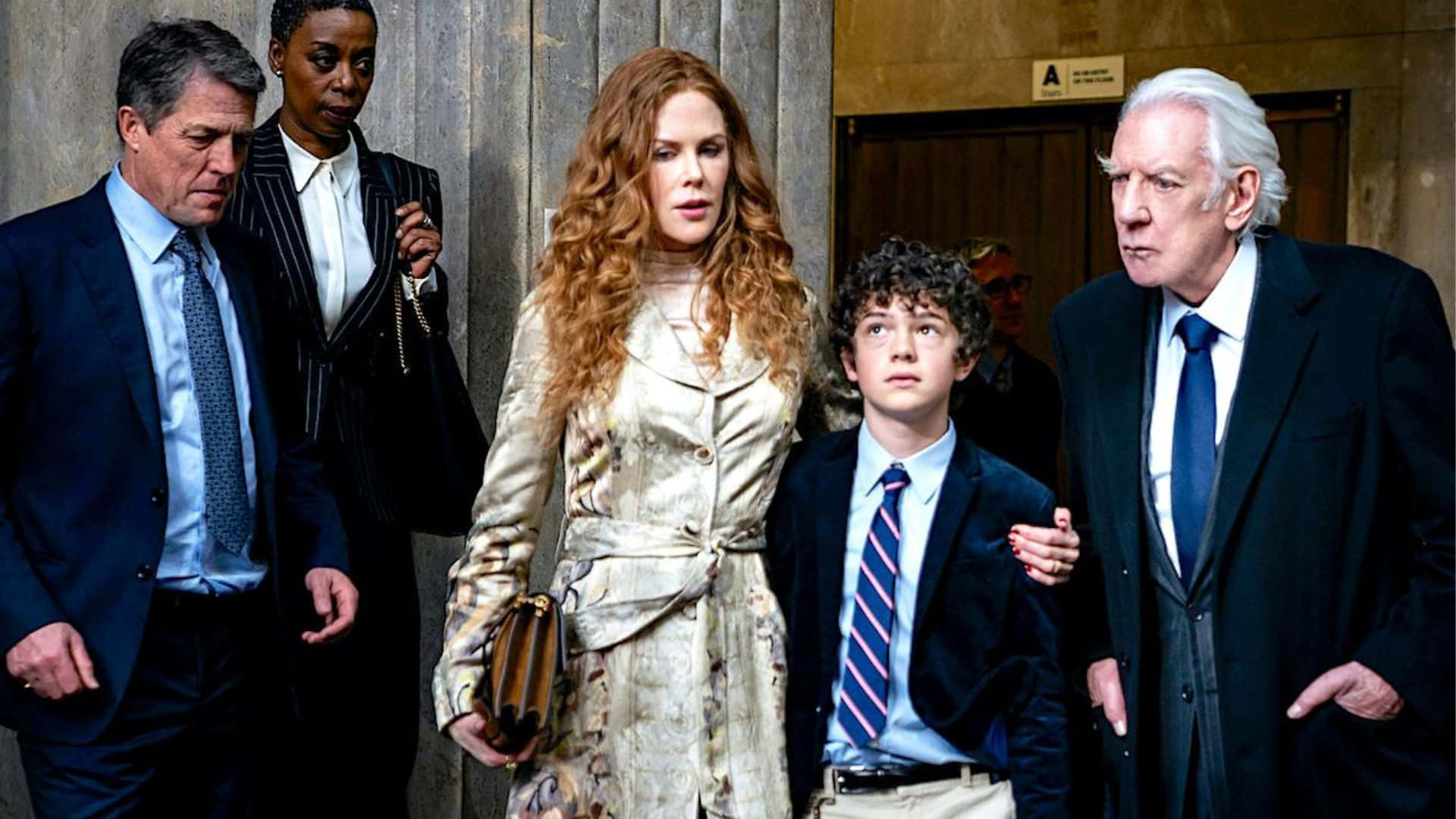 The Undoing, courtroom exit, five formally dressed people, Full HD Desktop Wallpaper
