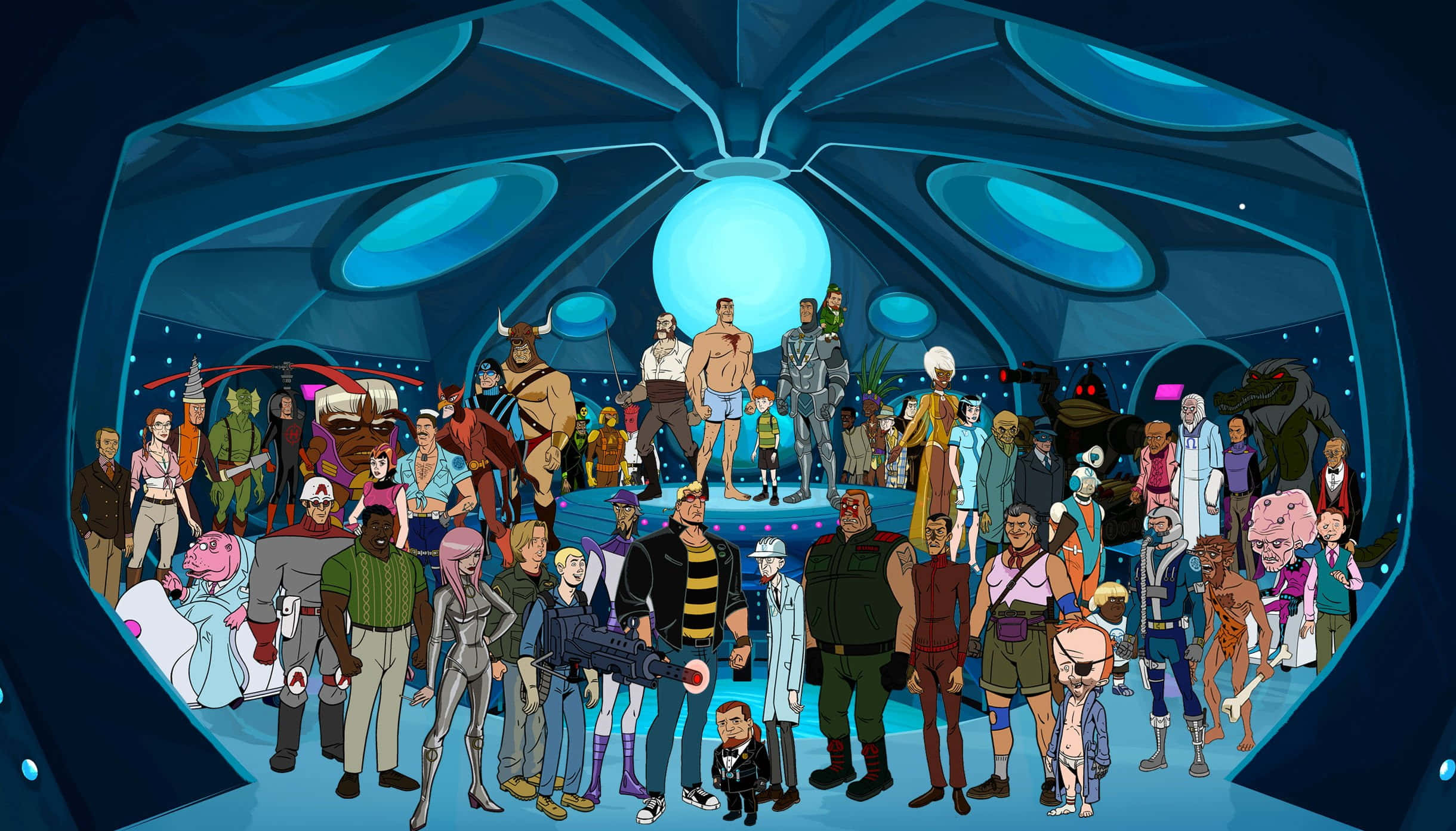 The Venture Bros, character assembly, futuristic blue spaceship hangar, Full HD Desktop Wallpaper