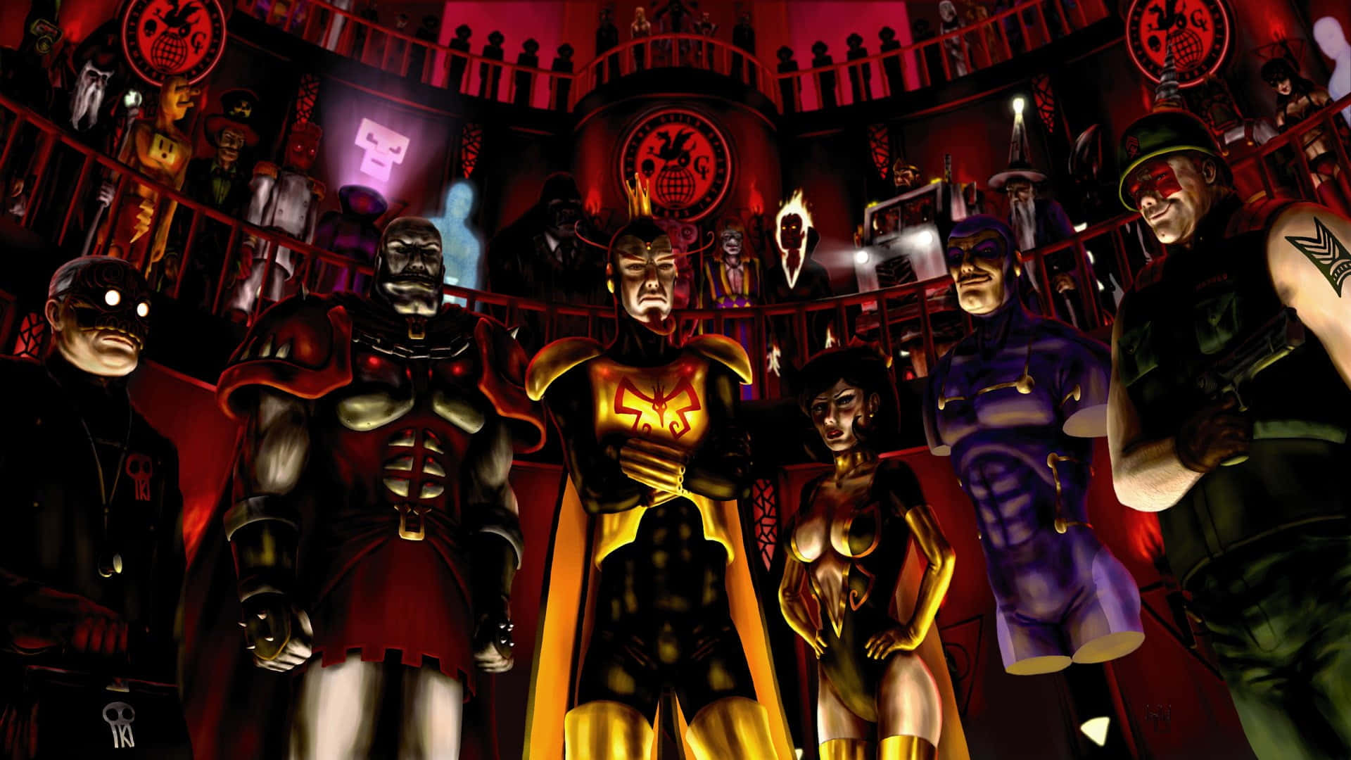 The Venture Bros, villains gathering, red-lit theater, Full HD Desktop Wallpaper