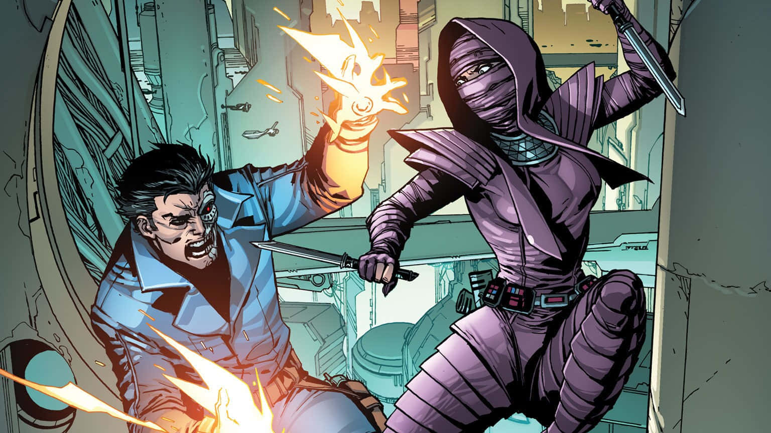The War of the Bounty Hunters, purple armor, blue-clad man, HD Desktop Wallpaper