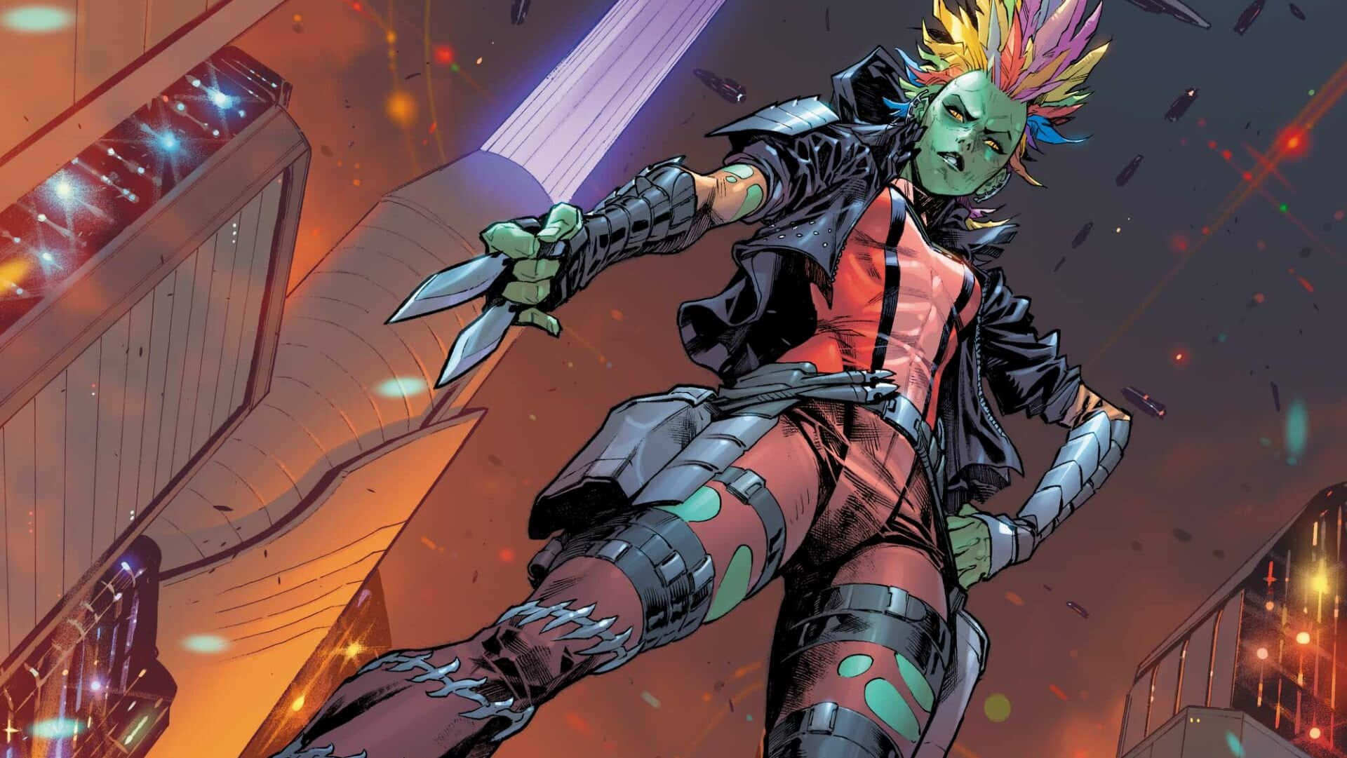 The War Of The Bounty Hunters, green-skinned warrior, spiky multicolored hair, Full HD Desktop Wallpaper