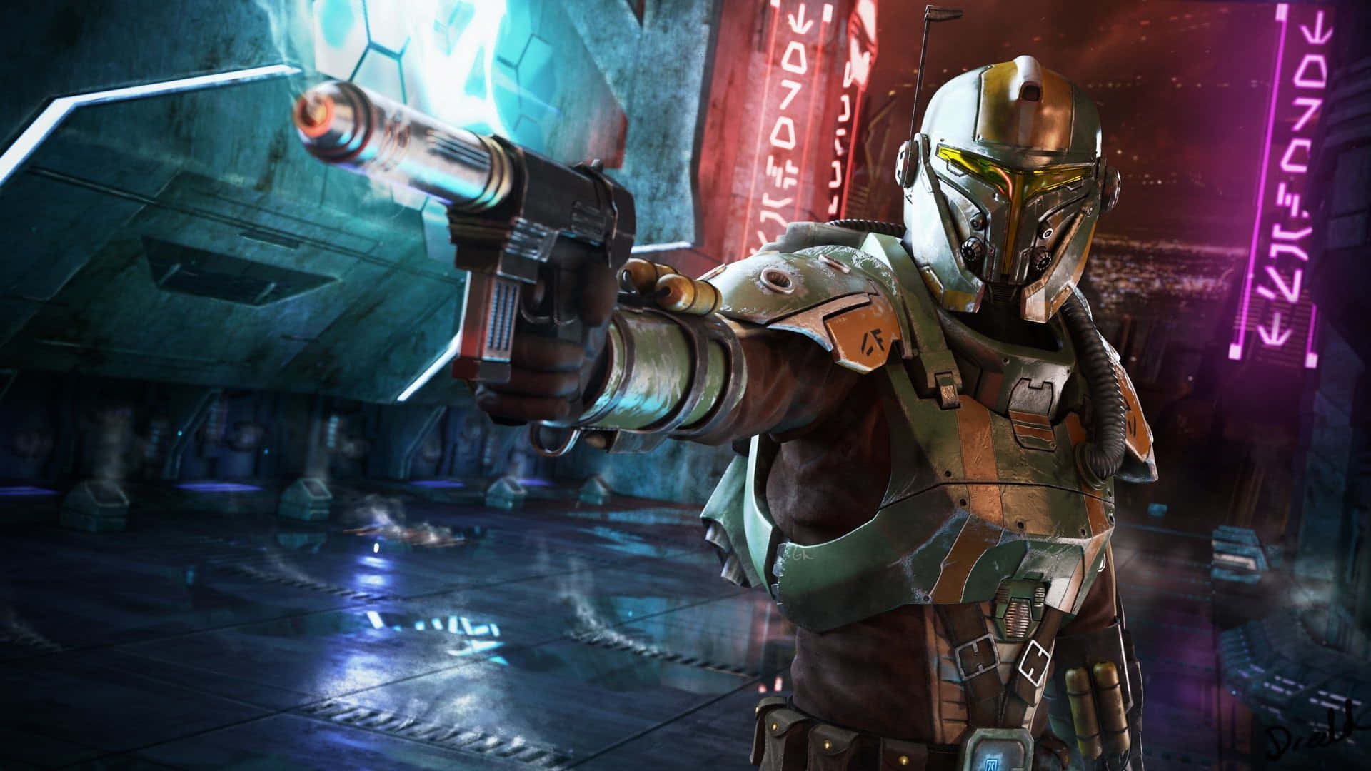 The War Of The Bounty Hunters, glowing blaster, neon-lit futuristic corridor, Full HD Desktop Wallpaper