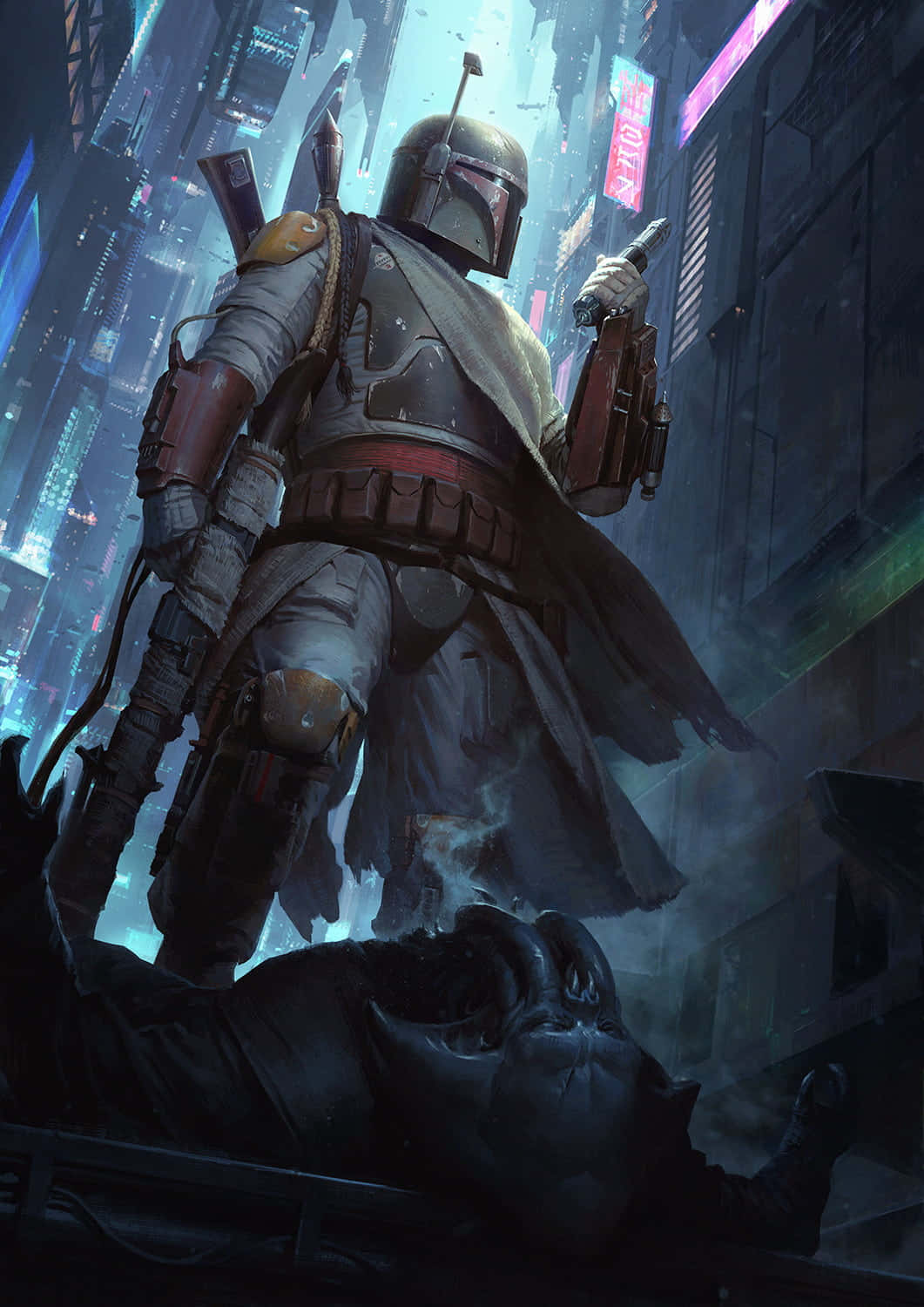 bounty hunters, armor, neon-lit cyberpunk cityscape, HD Phone Wallpaper
