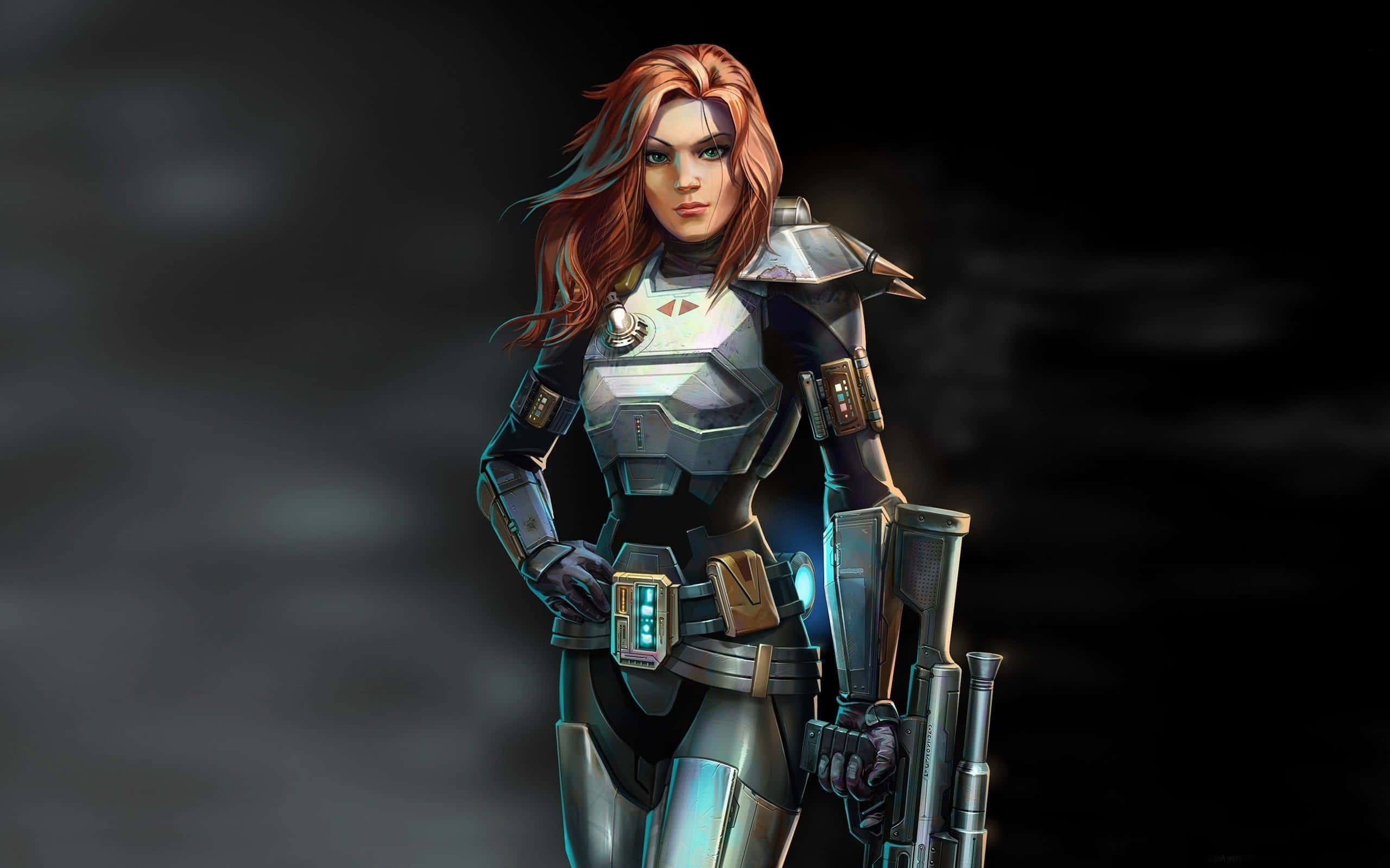 fierce female soldier, futuristic armor, glowing weapon, 2K Desktop Wallpaper