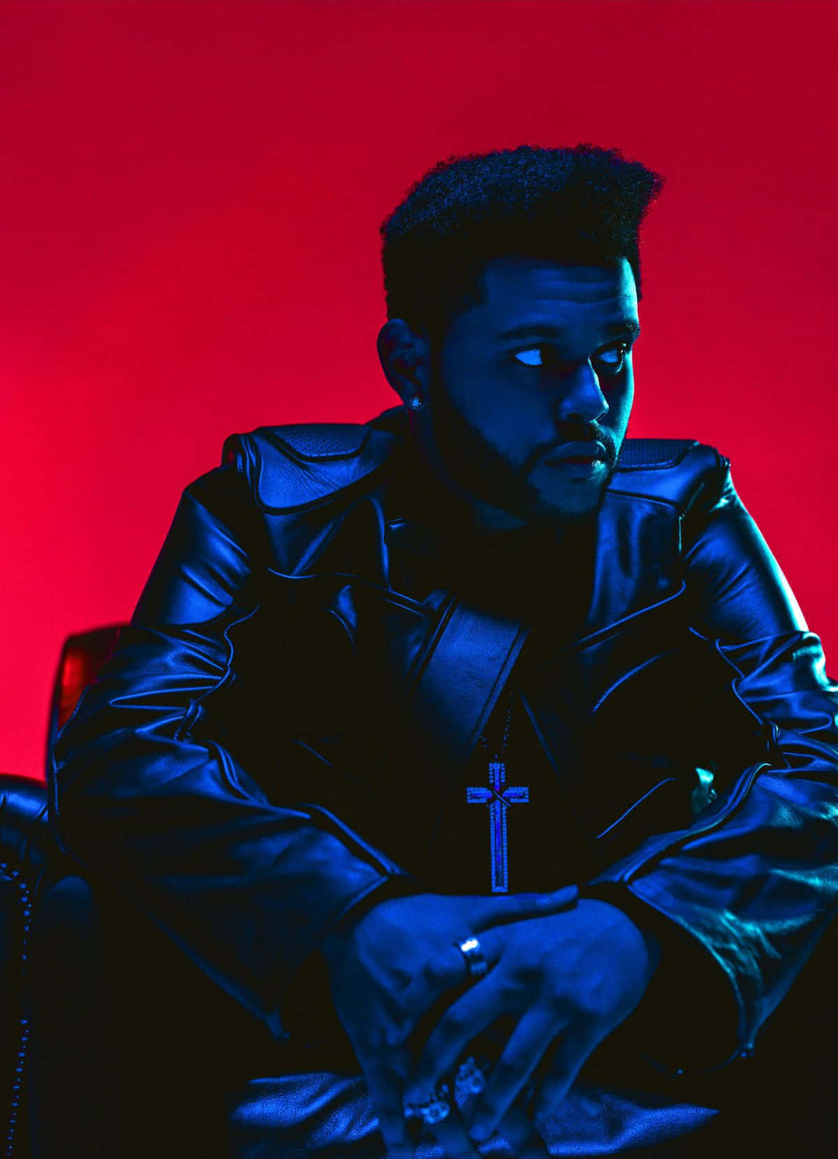 The Weeknd, blue-lit leather jacket, vivid red background, HD Phone Wallpaper