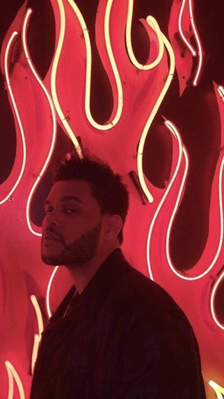The Weeknd, red flames, neon flame wall, HD Phone Wallpaper