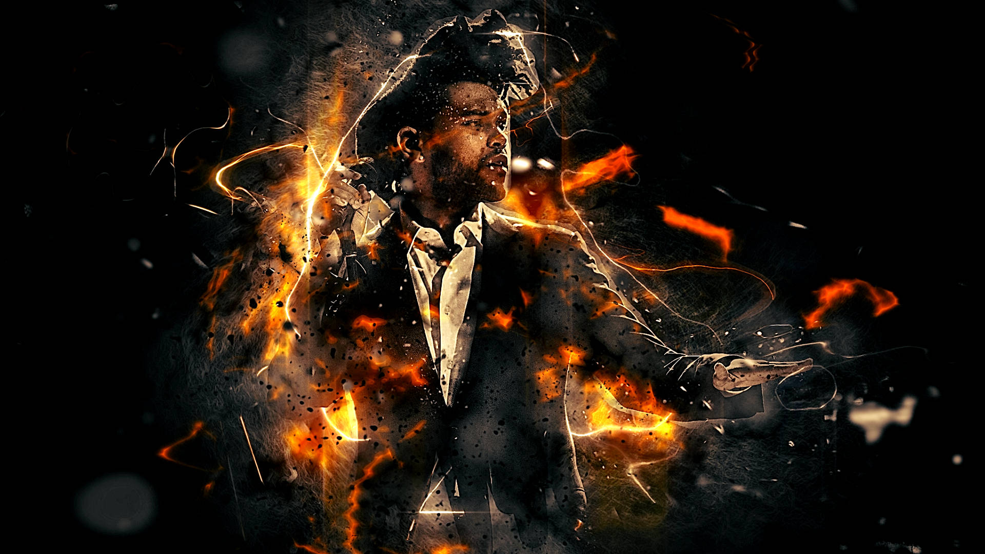 The Weeknd, suit, orange flames, Full HD Desktop Wallpaper