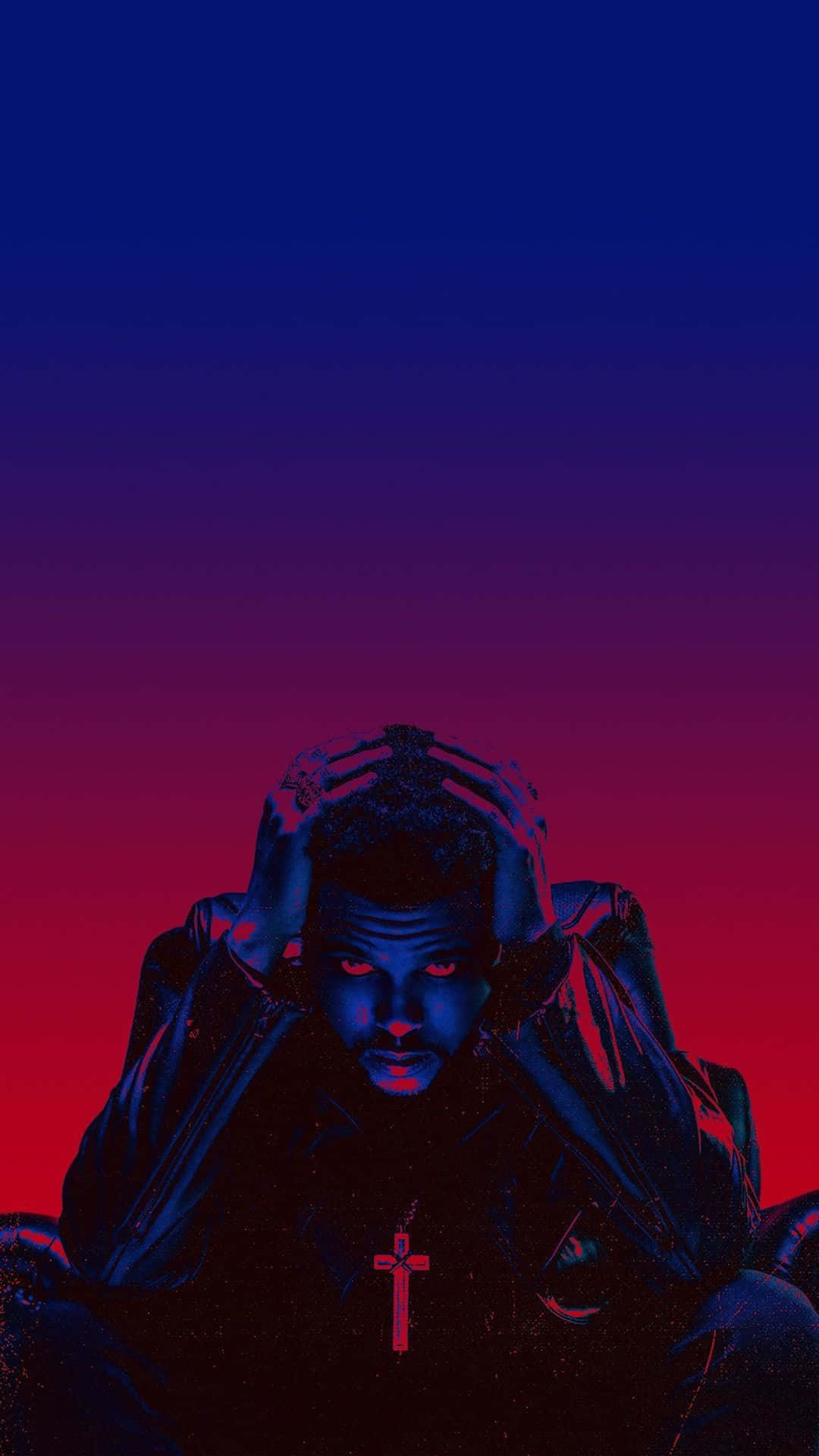 The Weeknd, gradient red and blue sky, hands on head, Full HD Phone Wallpaper