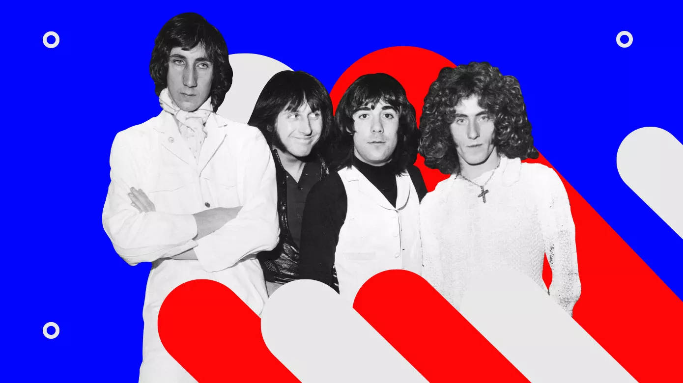 The Who, black and white photos, bold blue red and white geometric background, HD Desktop Wallpaper