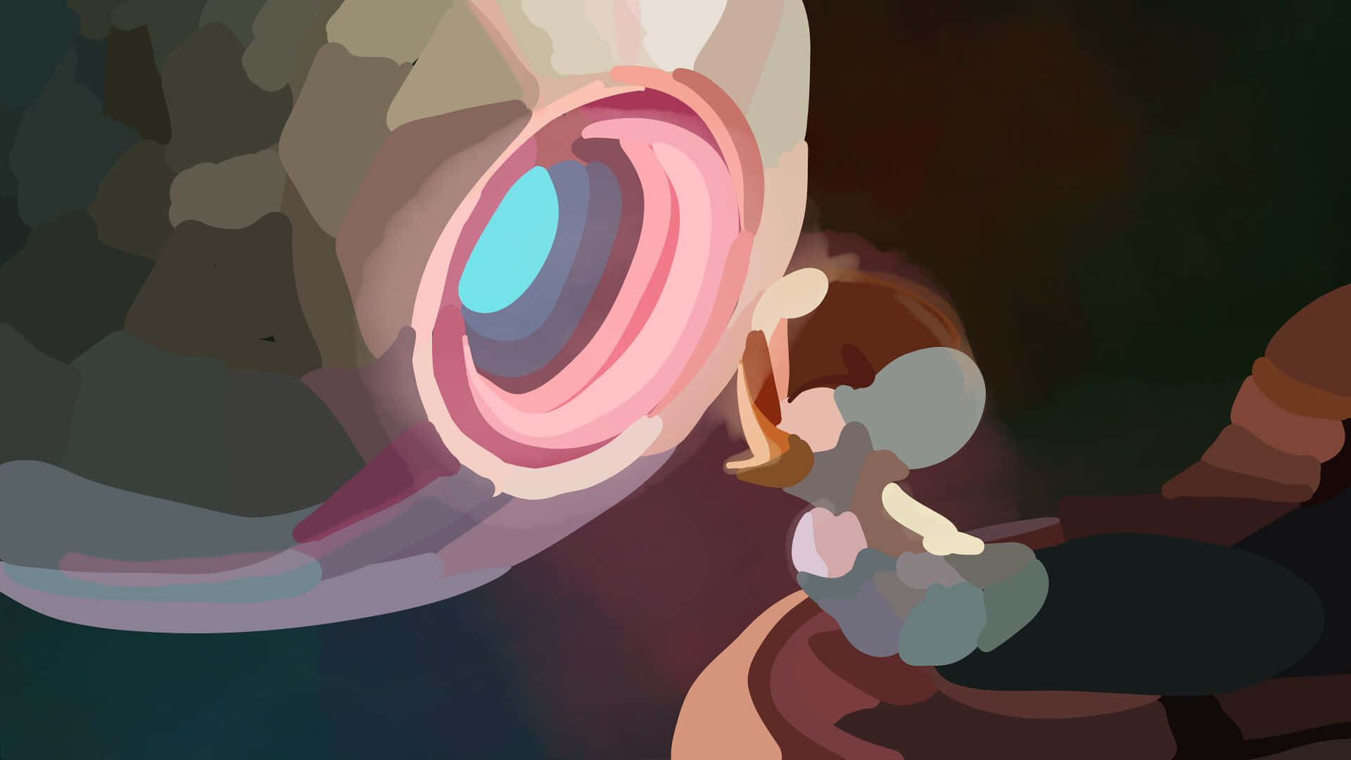 The Wild Robot, glowing pink and blue spiral eye, dark textured wall, Full HD Desktop Wallpaper
