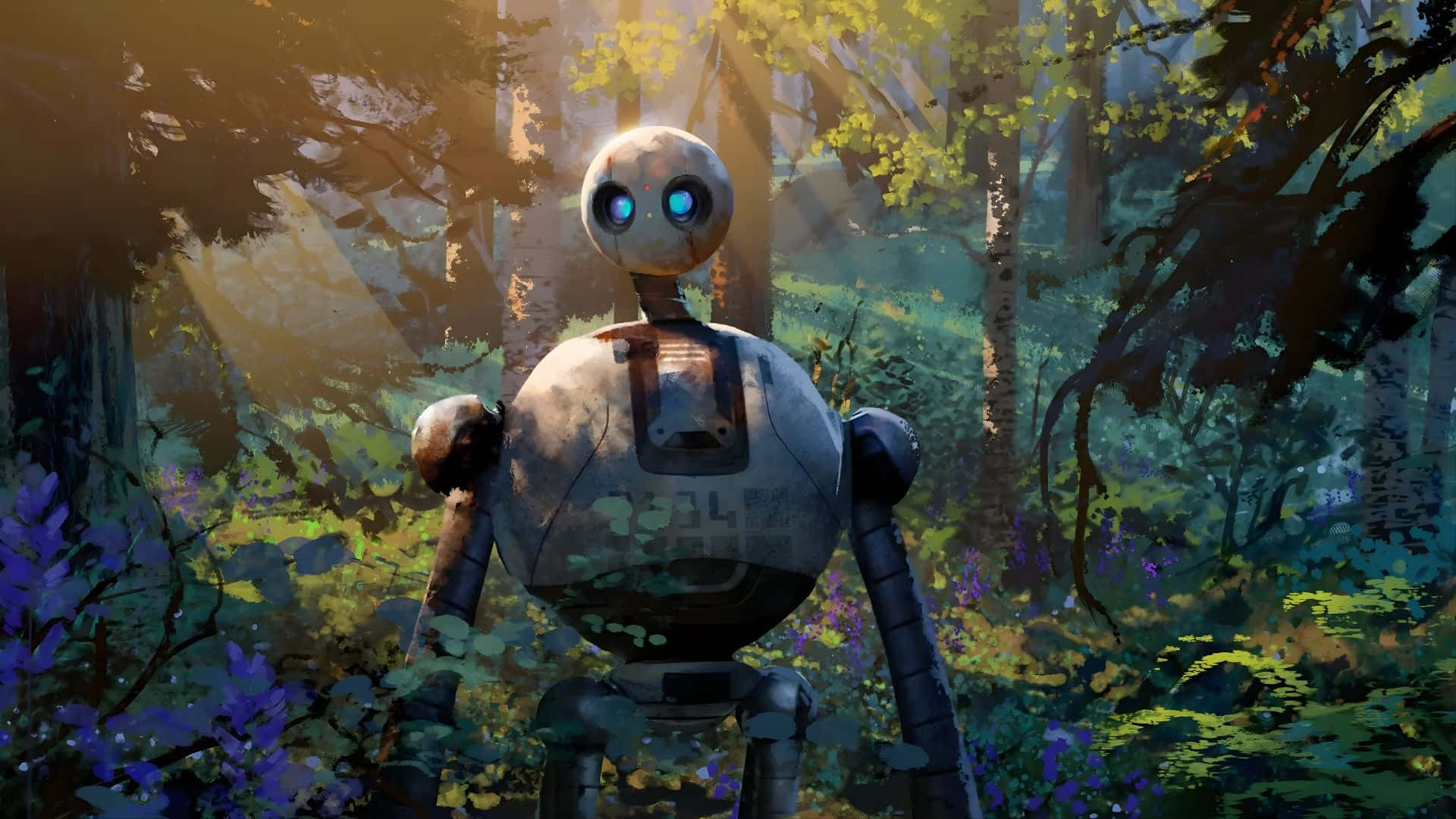 The Wild Robot, glowing blue eyes, sunlit forest, Full HD Desktop Wallpaper