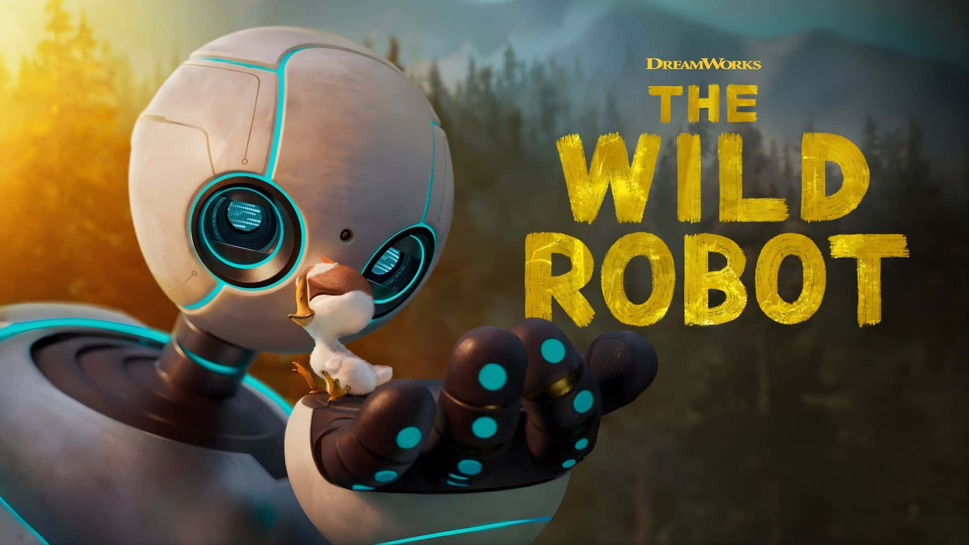 The Wild Robot, silver robot, glowing blue eyes, Full HD Desktop Wallpaper