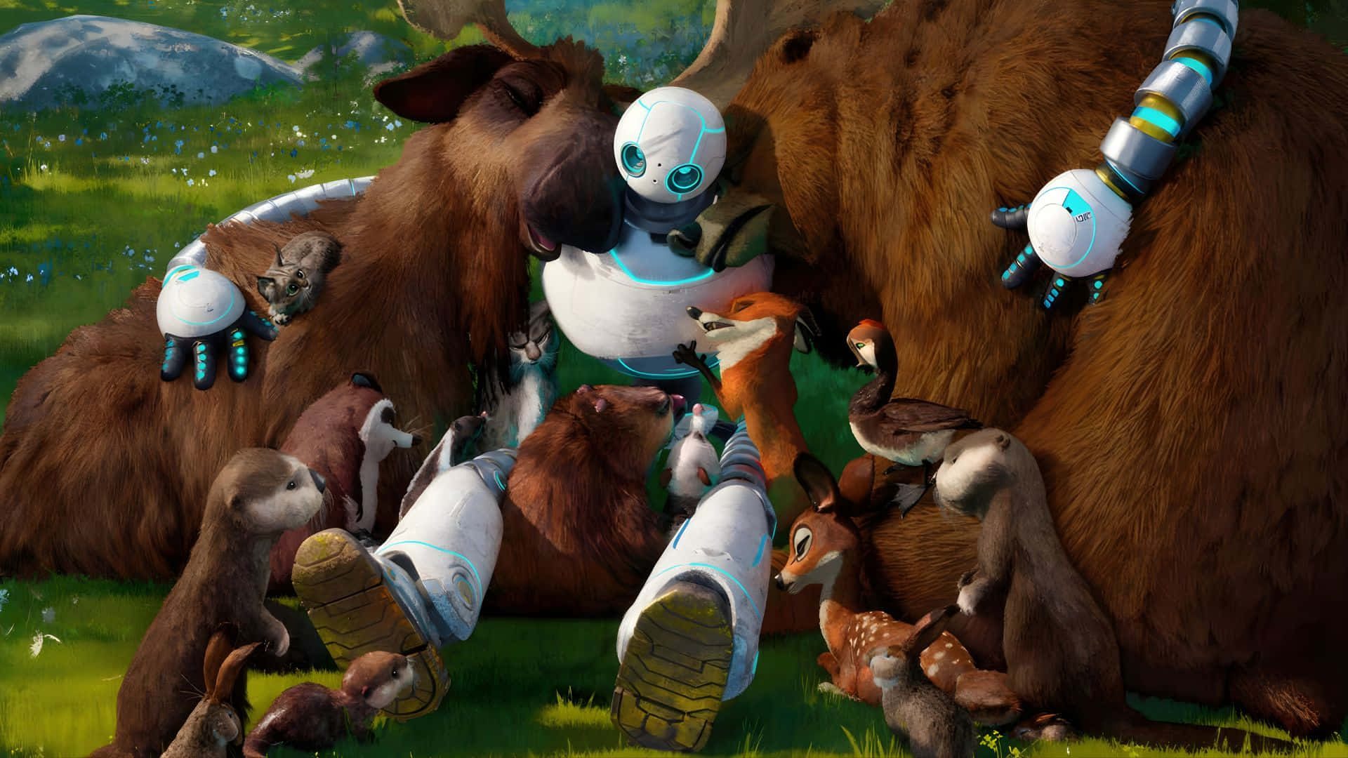 The Wild Robot, glowing blue circuits, forest animals, Full HD Desktop Wallpaper