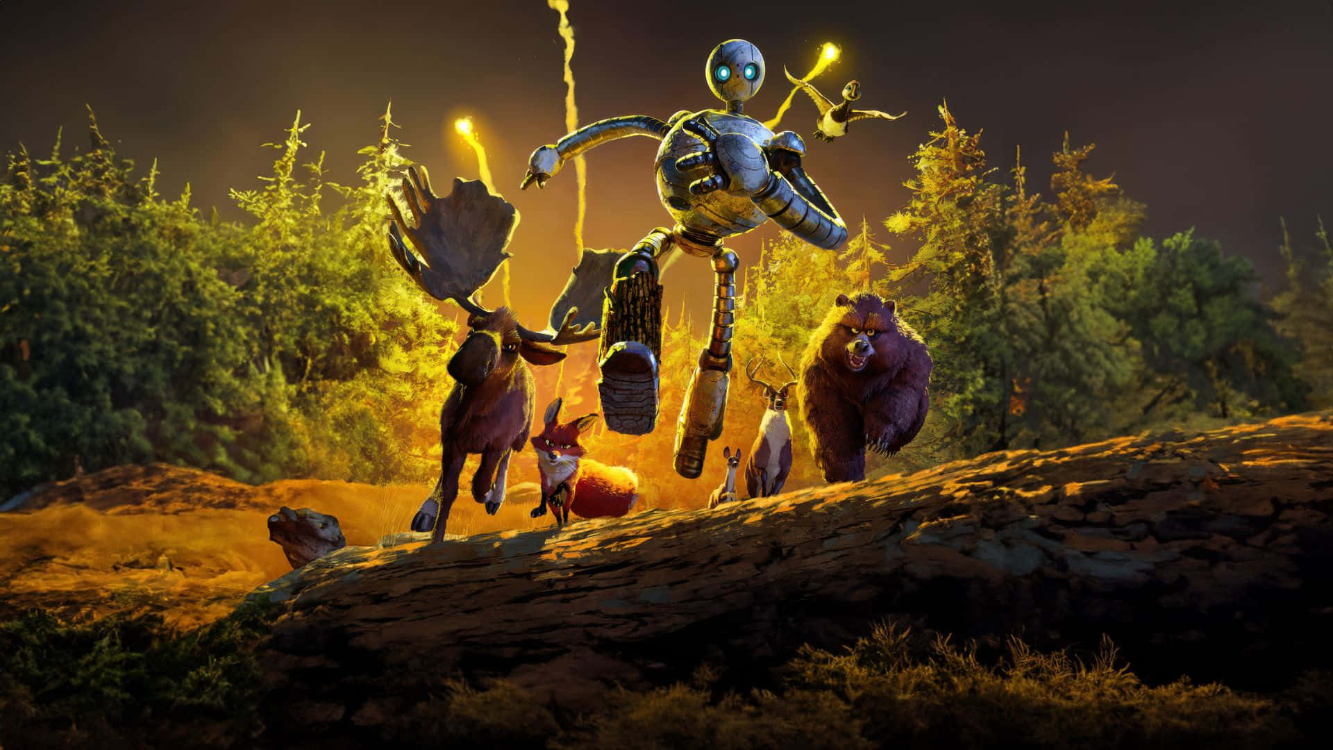 The Wild Robot, glowing robot, rocky hillside, Full HD Desktop Wallpaper