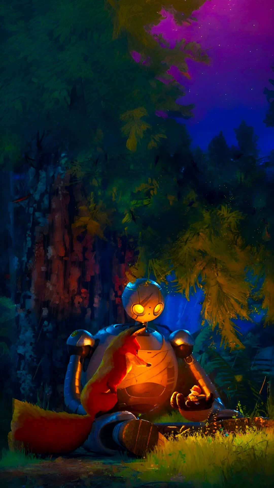 The Wild Robot, vibrant purple and blue night sky, lush green trees, Full HD Phone Wallpaper