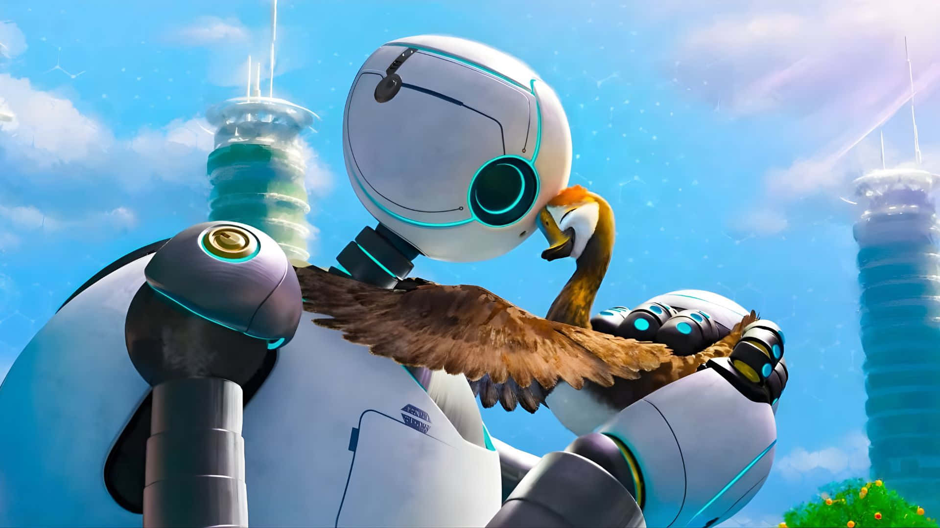 The Wild Robot, white robot, brown bird, Full HD Desktop Wallpaper