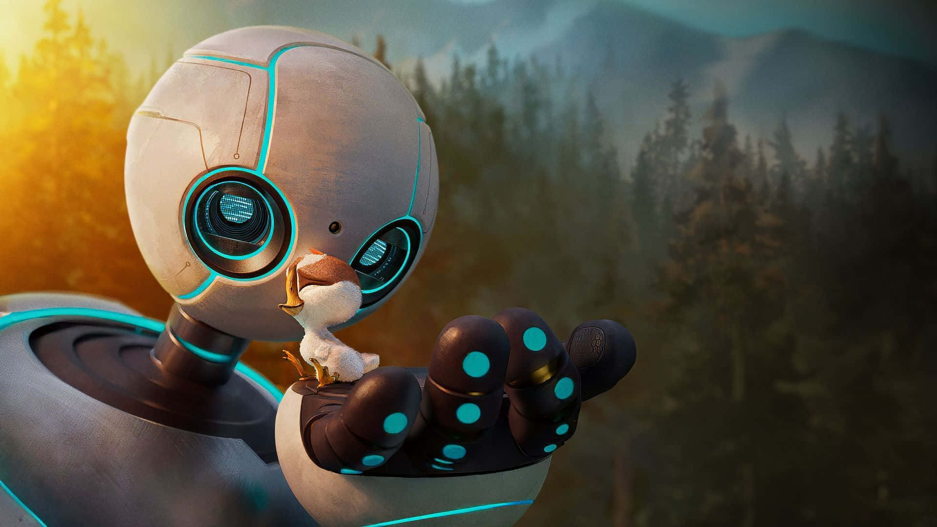 The Wild Robot, glowing blue eyes, small fluffy bird, Full HD Desktop Wallpaper