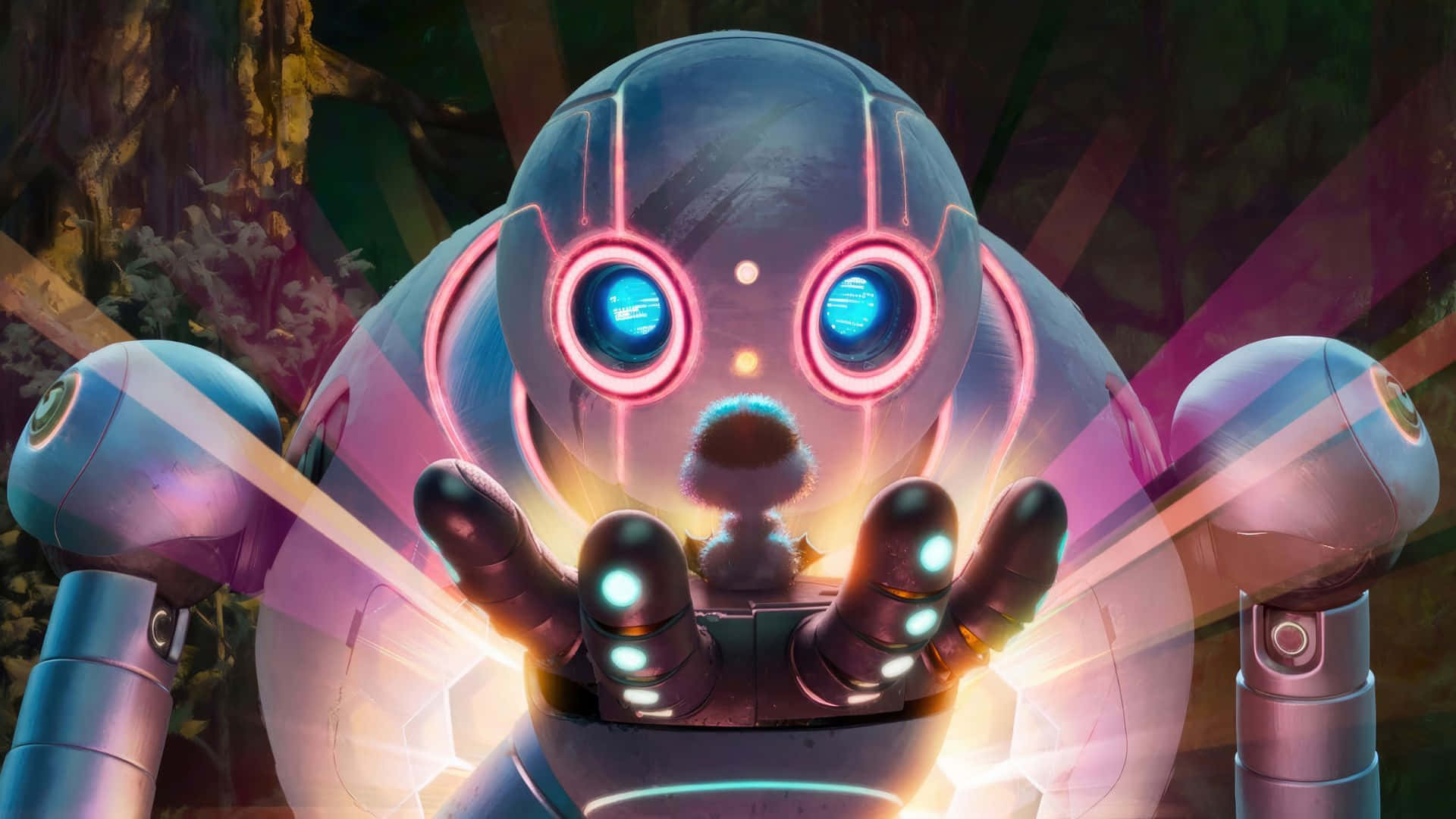 The Wild Robot, blue eyes, pink neon accents, Full HD Desktop Wallpaper
