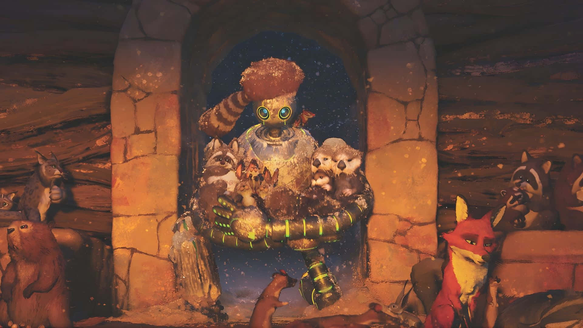 The Wild Robot, glowing raccoon, goggles, Full HD Desktop Wallpaper