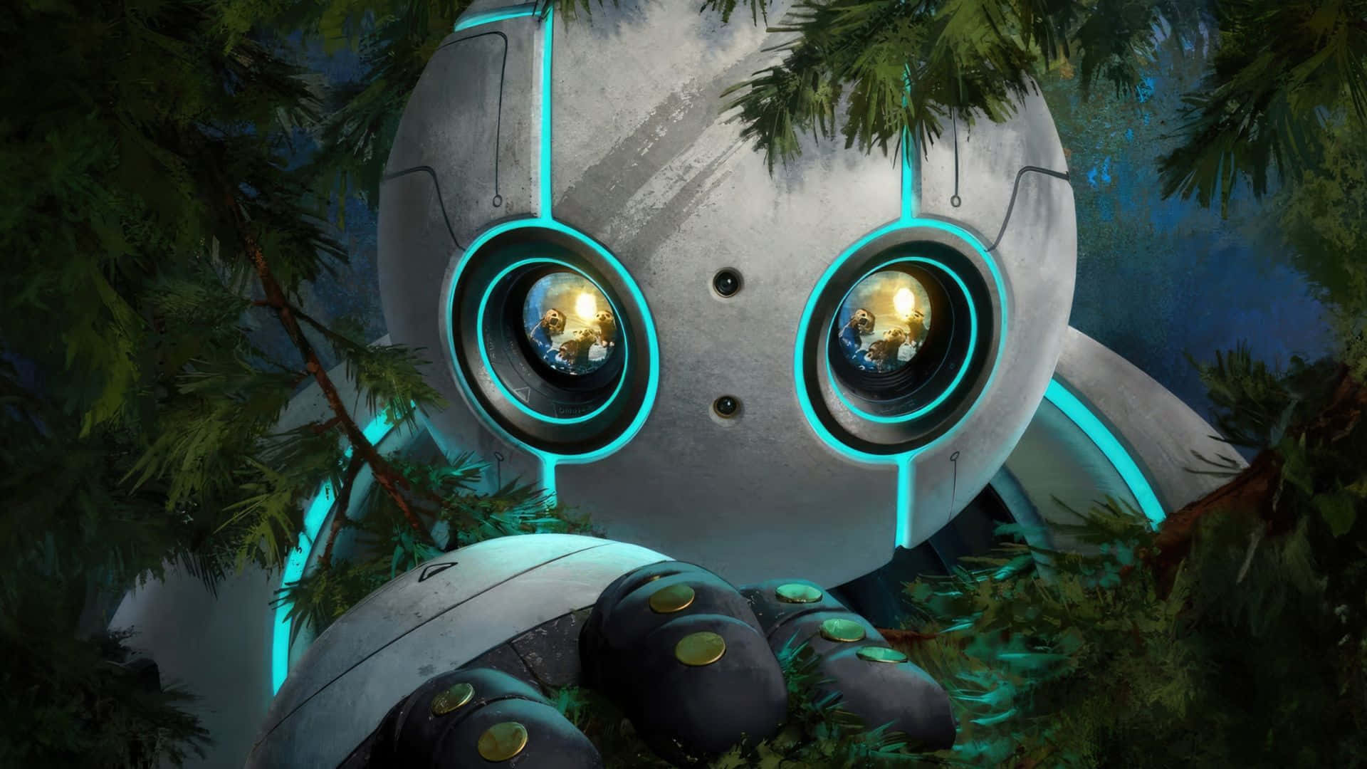 The Wild Robot, silver robot, glowing cyan eyes, Full HD Desktop Wallpaper